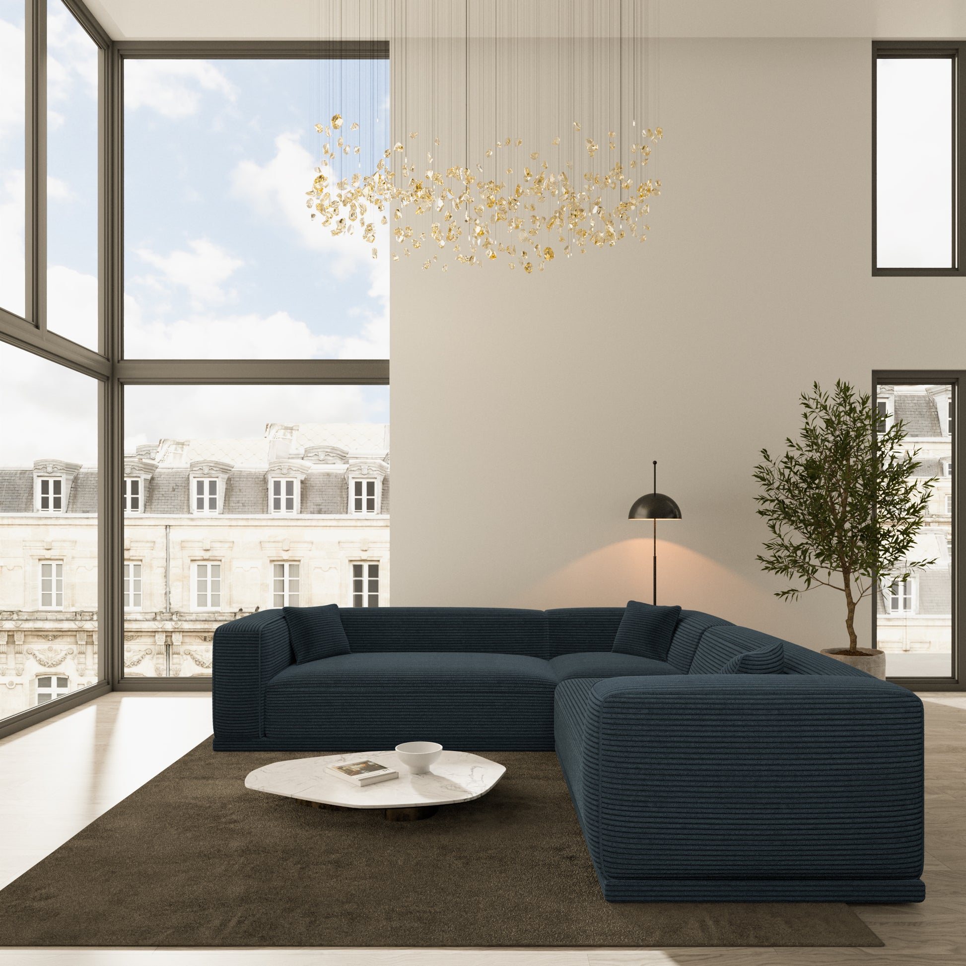 
5-Sitzer Design Ecksofa „Bellara“, Cordsamt - Cordsamt Dunkelblau