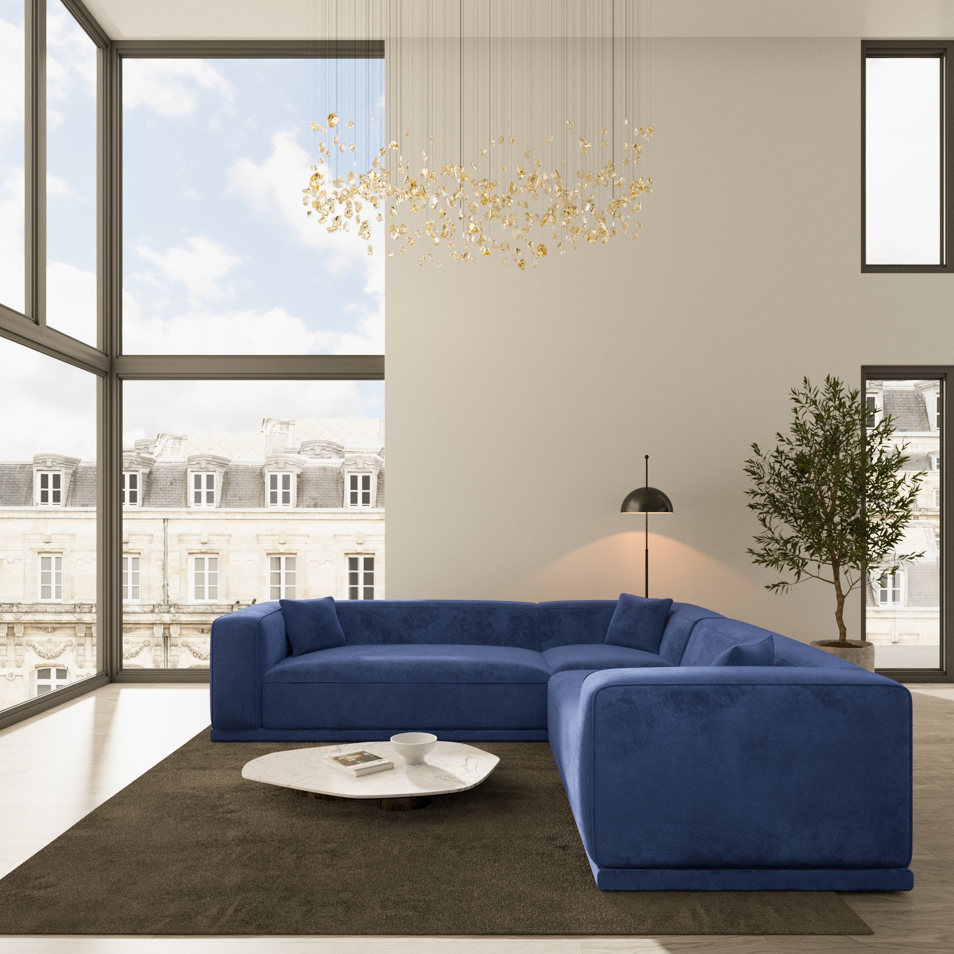 
5-Sitzer Design Ecksofa „Bellara“ mit Samtbezug - Samtbezug Königsblau