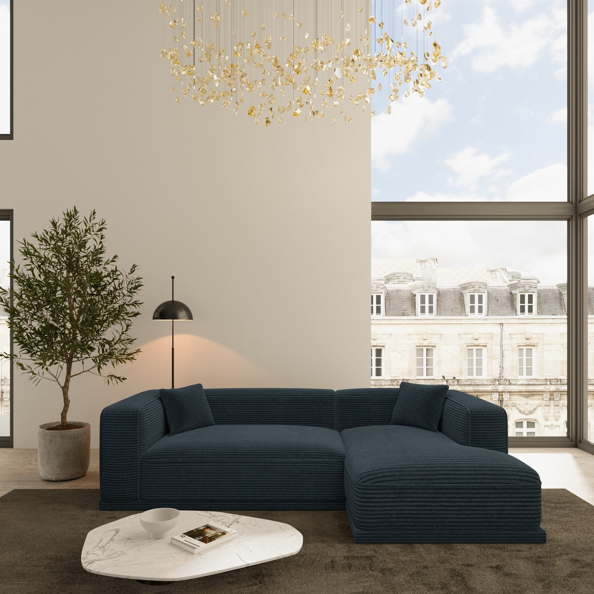 
4-Sitzer Design Ecksofa „Bellara“, Cordsamt - Cordsamt Dunkelblau / Eckteil rechts