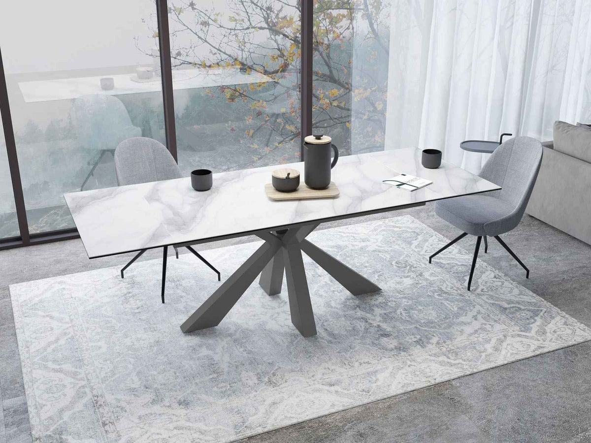 
Ausziehbarer Designer Esstisch „Ottawa“ aus Keramik, in verschiedenen Grössen - Gestell: Taupe, Tischplatte: Marmoroptik Weiss / 150-230 x 100 cm
