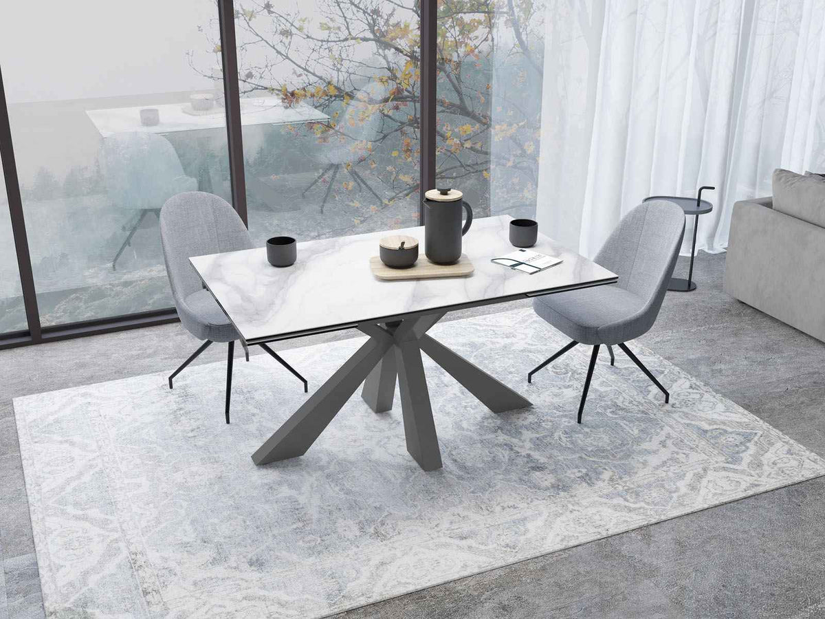 
Ausziehbarer Designer Esstisch „Ottawa“ aus Keramik, in verschiedenen Grössen - Gestell: Taupe, Tischplatte: Marmoroptik Weiss / 150-230 x 100 cm