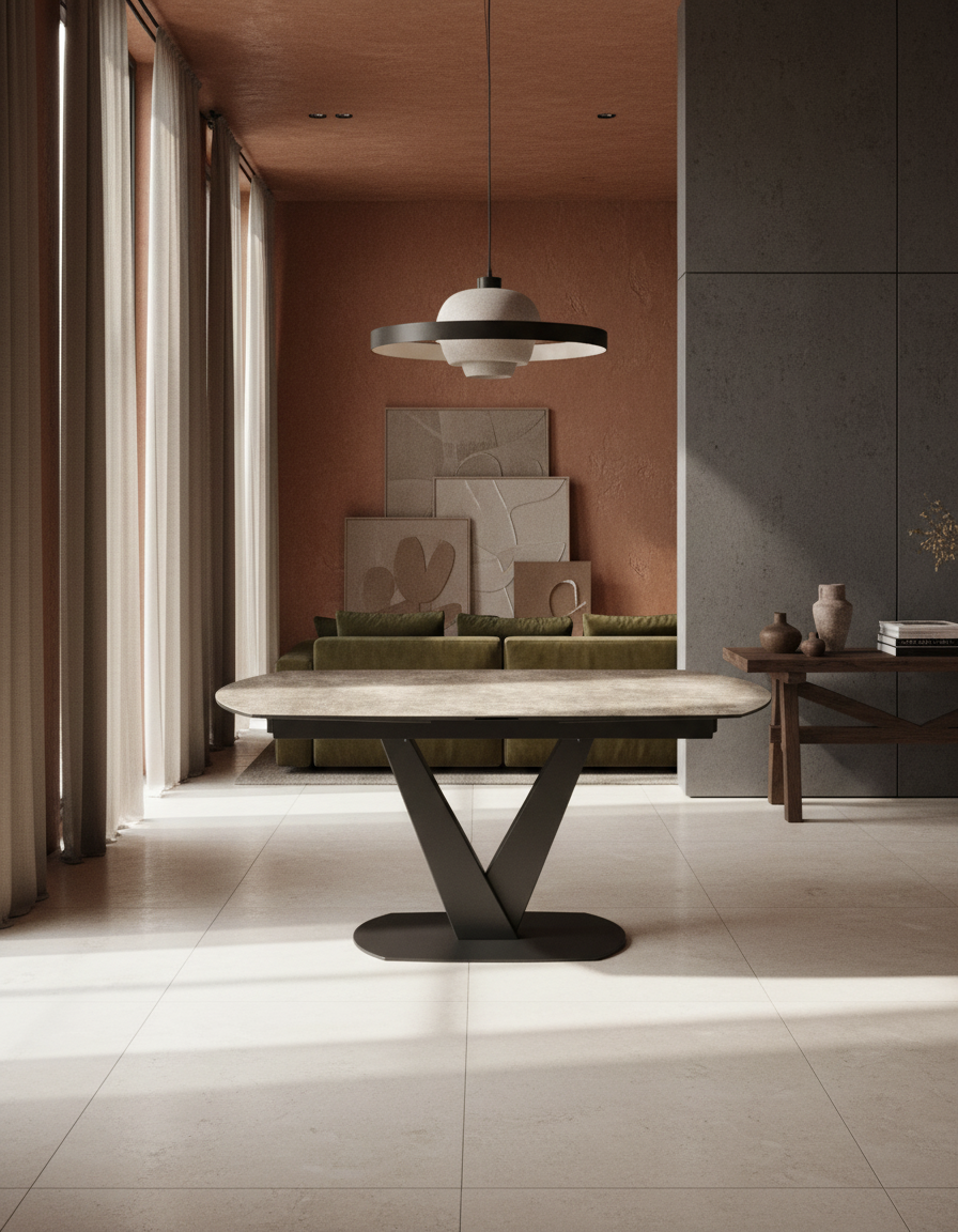 
Ausziehbarer Designer Esstisch „Bellagio“ aus Keramik, in verschiedenen Grössen - Zementgrau / 160-240 x 100 cm