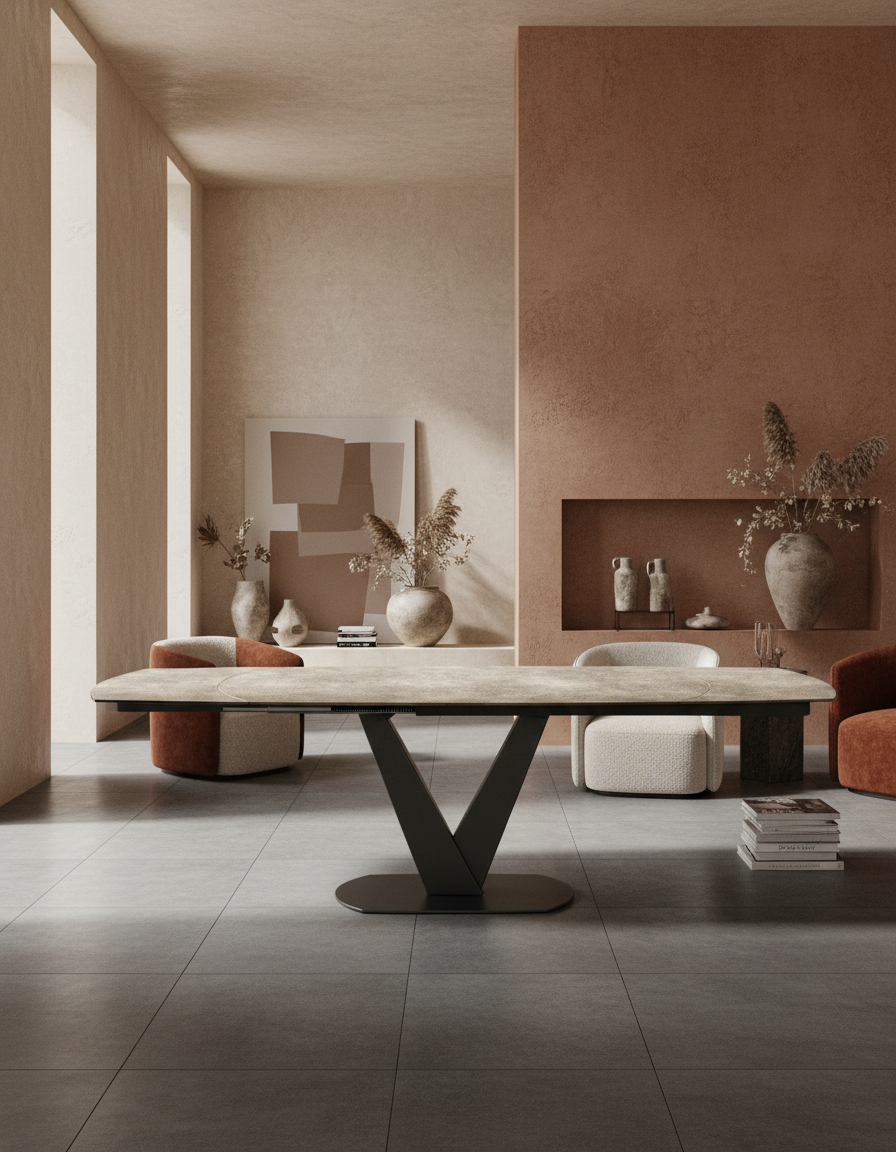 
Ausziehbarer Designer Esstisch „Bellagio“ aus Keramik, in verschiedenen Grössen - Zementgrau / 160-240 x 100 cm