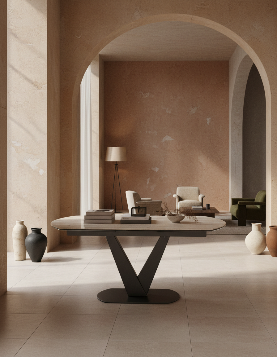 
Ausziehbarer Designer Esstisch „Bellagio“ aus Keramik, in verschiedenen Grössen - Travertin / 160-240 x 100 cm