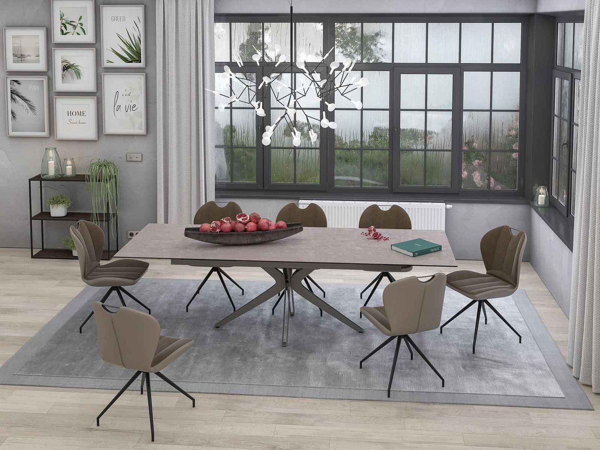 
Ausziehbarer Designer Esstisch „Influence“ aus Keramik, in verschiedenen Grössen - Gestell: Taupe, Tischplatte: Zemntgrau / 190-270 x 100 cm