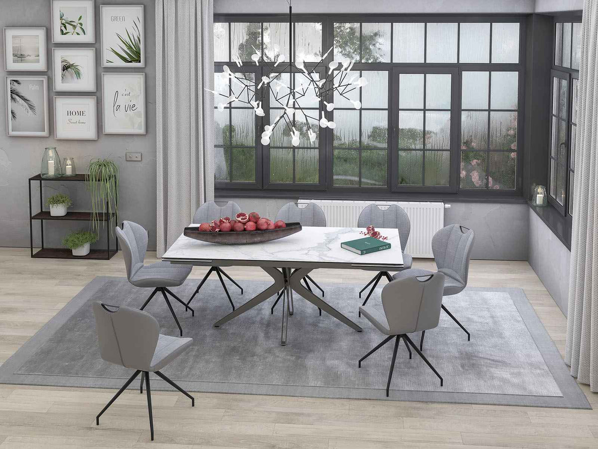 
Ausziehbarer Designer Esstisch „Influence“ aus Keramik, in verschiedenen Grössen - Gestell: Taupe, Tischplatte: Marmoroptik Weiss / 190-270 x 100 cm
