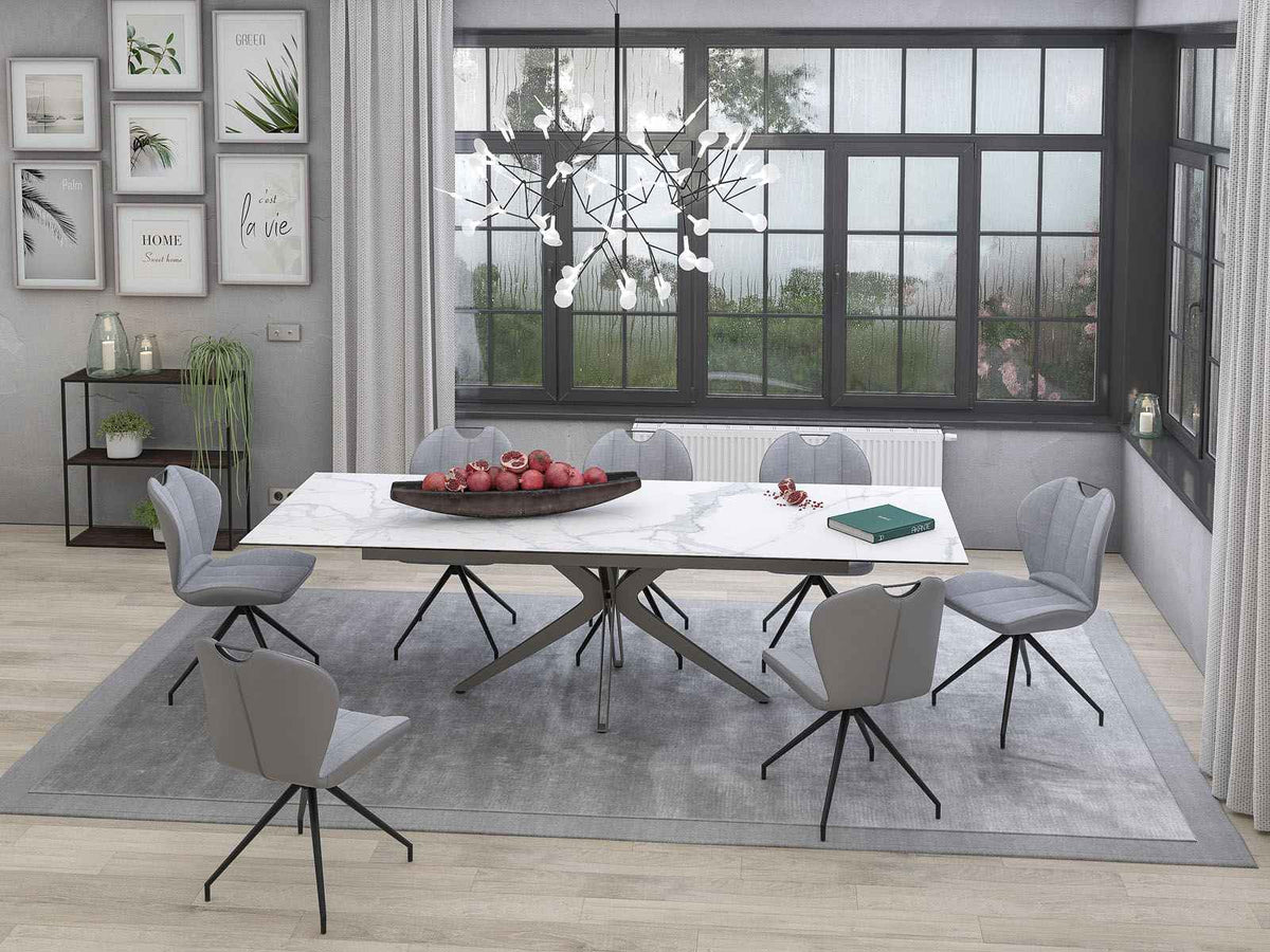 
Ausziehbarer Designer Esstisch „Influence“ aus Keramik, in verschiedenen Grössen - Gestell: Taupe, Tischplatte: Marmoroptik Weiss / 190-270 x 100 cm