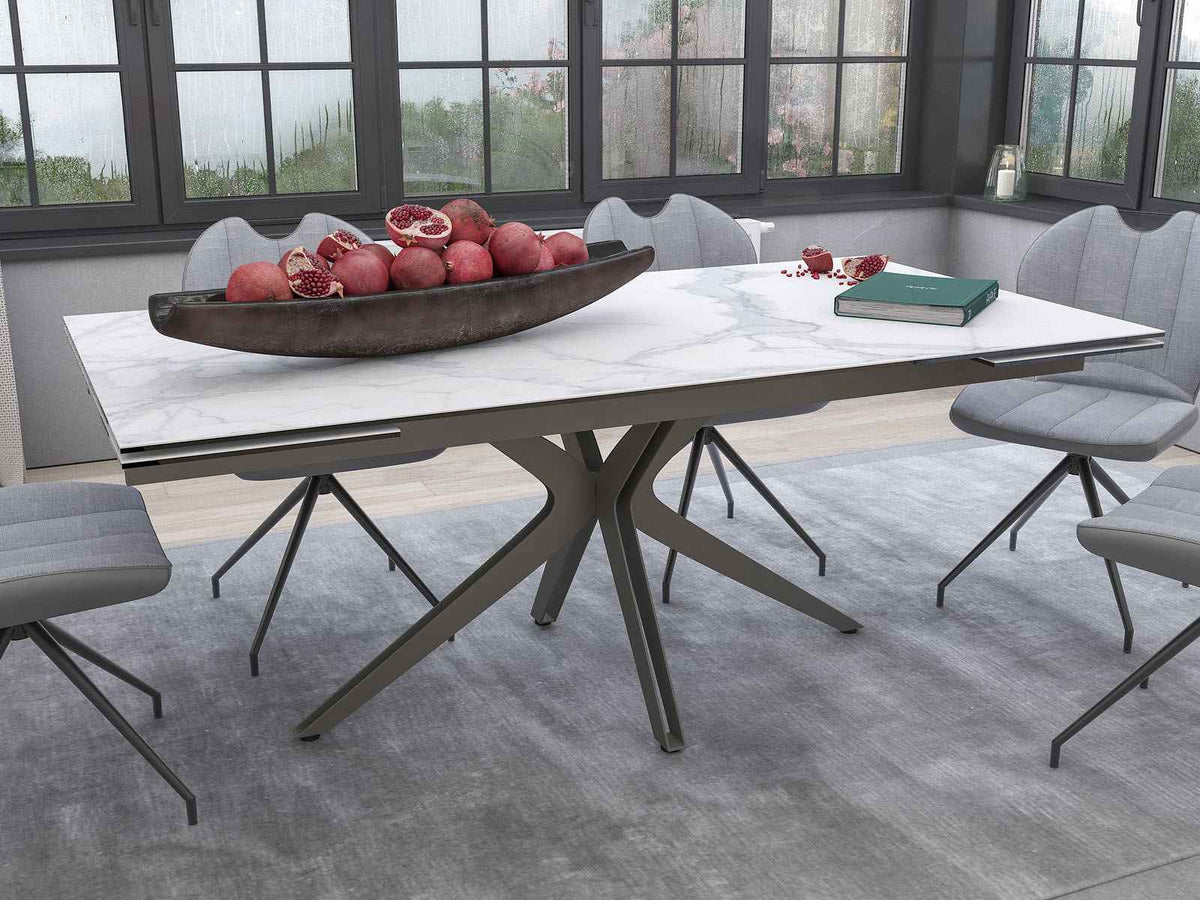 
Ausziehbarer Designer Esstisch „Influence“ aus Keramik, in verschiedenen Grössen - Gestell: Taupe, Tischplatte: Marmoroptik Weiss / 190-270 x 100 cm
