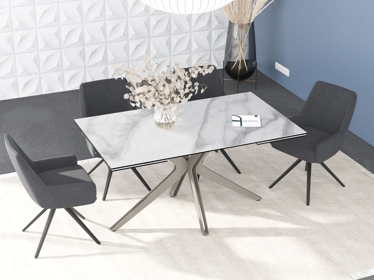 
Ausziehbarer Designer Esstisch „Influence“ aus Keramik, in verschiedenen Grössen - Gestell: Taupe, Tischplatte: Marmoroptik Weiss / 150-230 x 100 cm