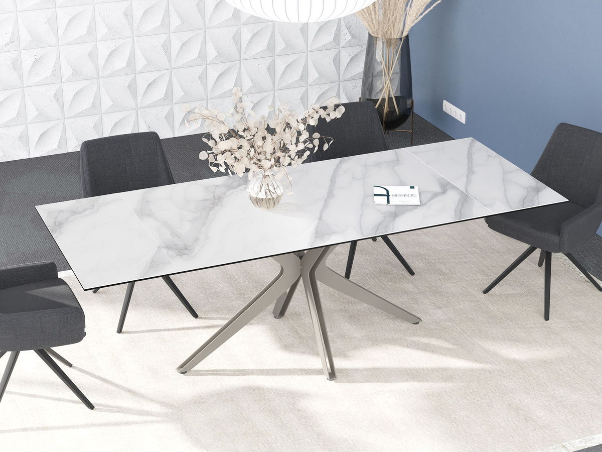 
Ausziehbarer Designer Esstisch „Influence“ aus Keramik, in verschiedenen Grössen - Gestell: Taupe, Tischplatte: Marmoroptik Weiss / 150-230 x 100 cm