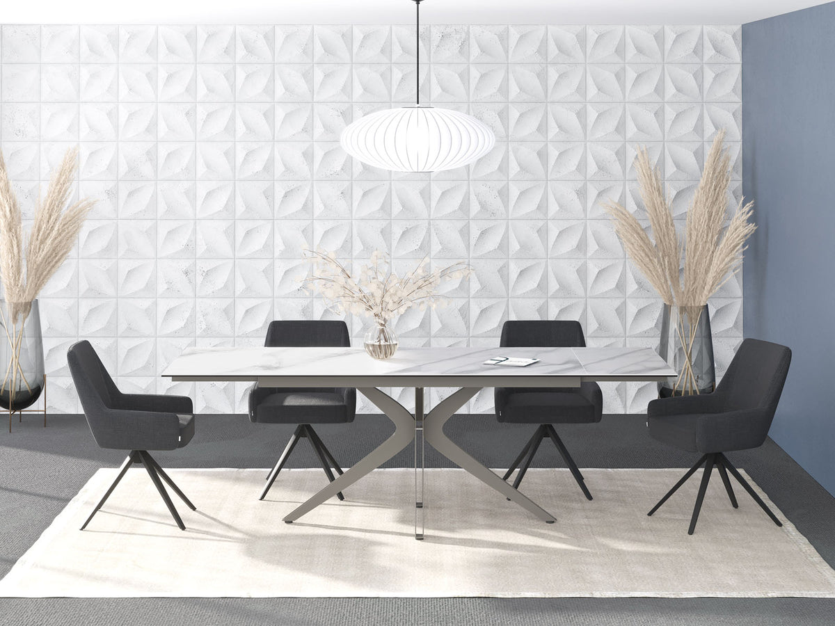 
Ausziehbarer Designer Esstisch „Influence“ aus Keramik, in verschiedenen Grössen - Gestell: Taupe, Tischplatte: Marmoroptik Weiss / 150-230 x 100 cm