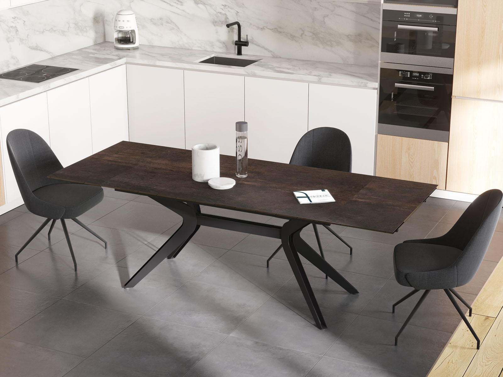 
Ausziehbarer Designer Esstisch „Impulsion“ aus Keramik, in verschiedenen Grössen - Dunkle Rostoptik / 150-230 x 100 cm