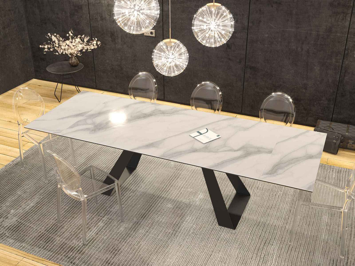 
Ausziehbarer Designer Esstisch „Ascension“ aus Keramik, in verschiedenen Grössen - Marmoroptik Weiss / 190-270 x 100 cm