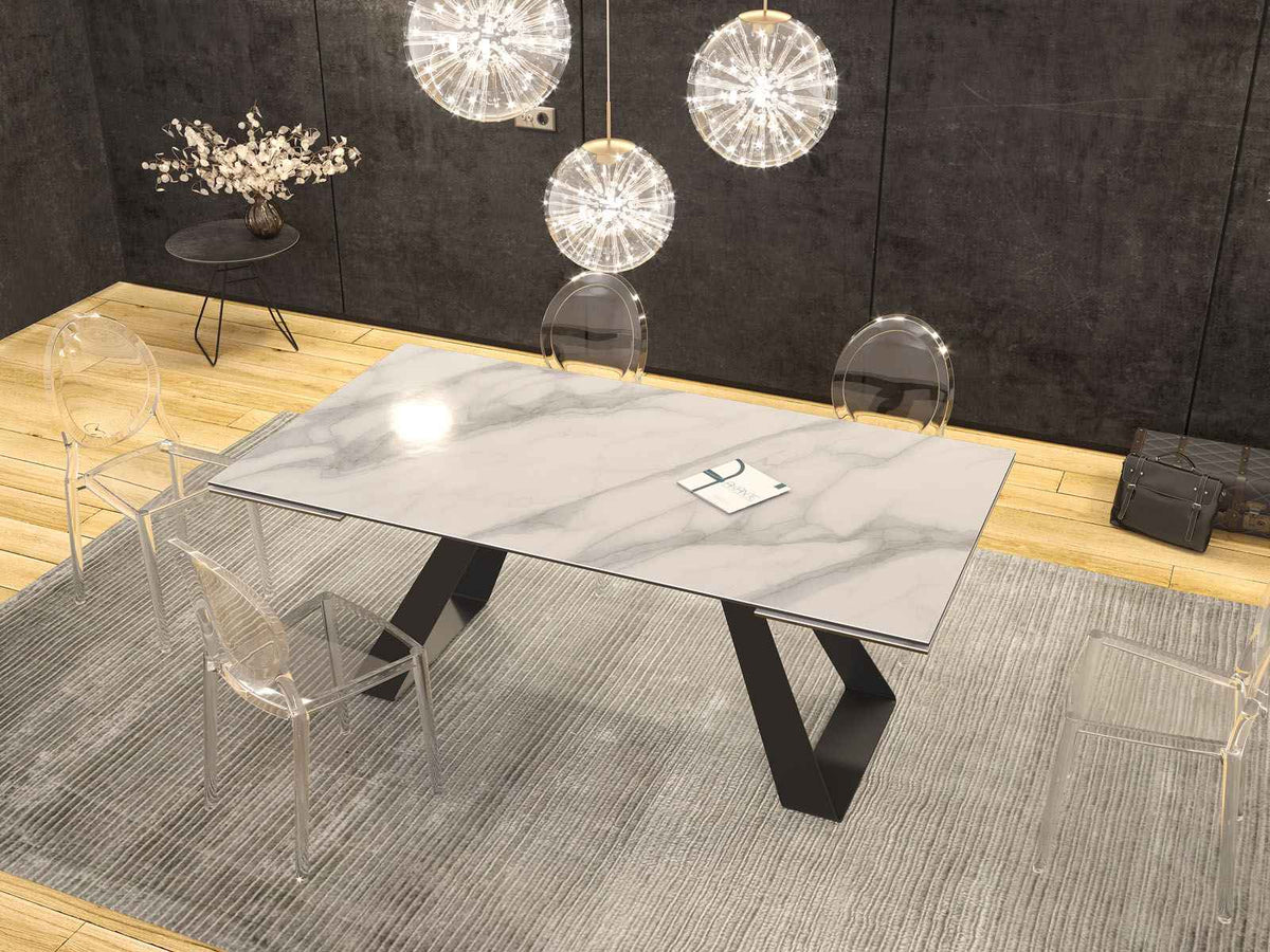 
Ausziehbarer Designer Esstisch „Ascension“ aus Keramik, in verschiedenen Grössen - Marmoroptik Weiss / 190-270 x 100 cm