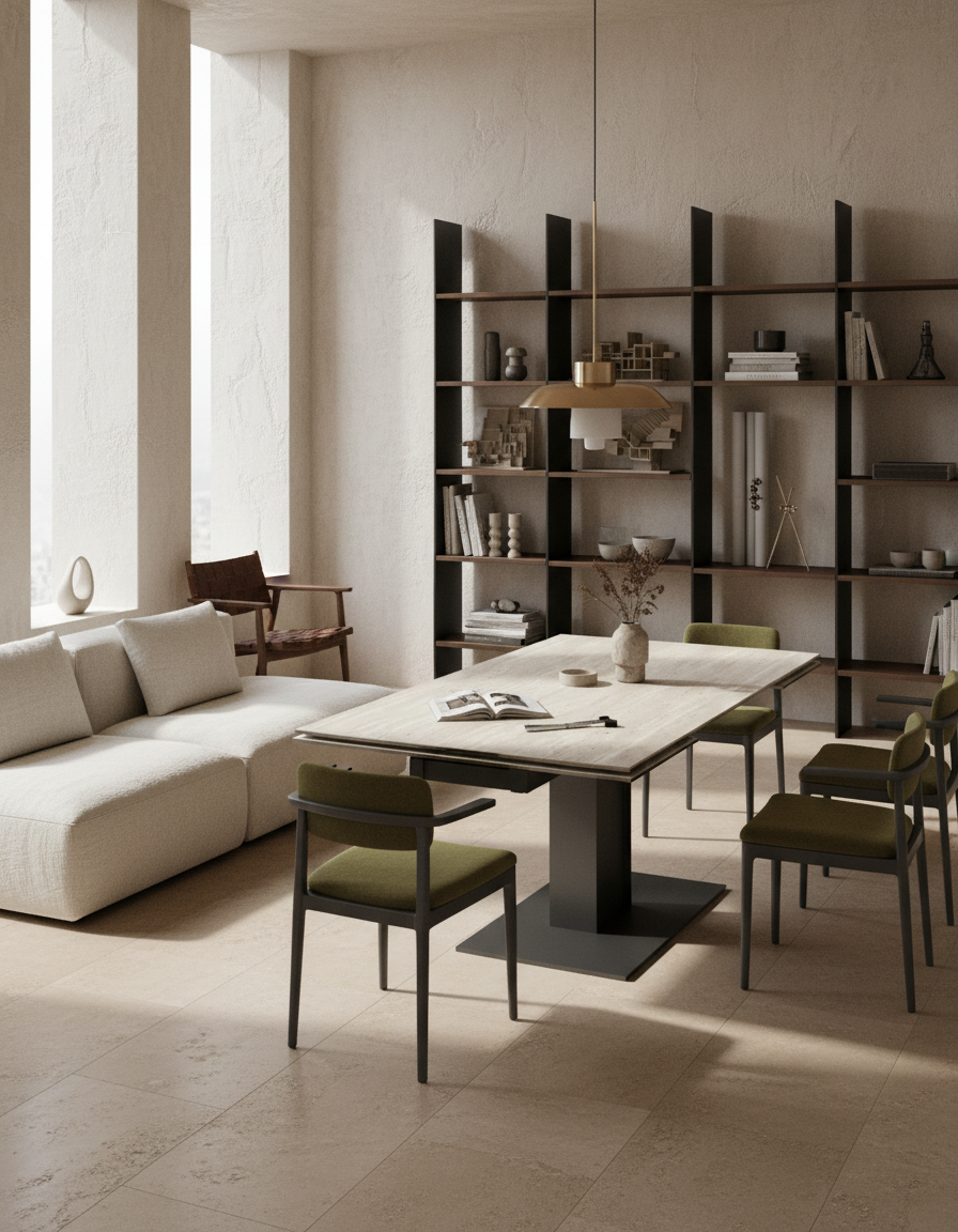
Ausziehbarer Designer Esstisch „Connexion“ aus Keramik, 150-230 x 100 cm - Travertin