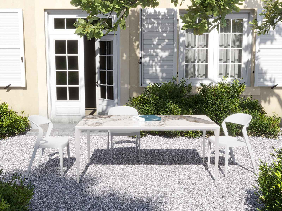 
Design Gartentisch „Mallorca“ aus Keramik, verschiedene Grössen - Weiss / Tischplatte: Marmor Calcatta glänzend / 160 x 90 cm