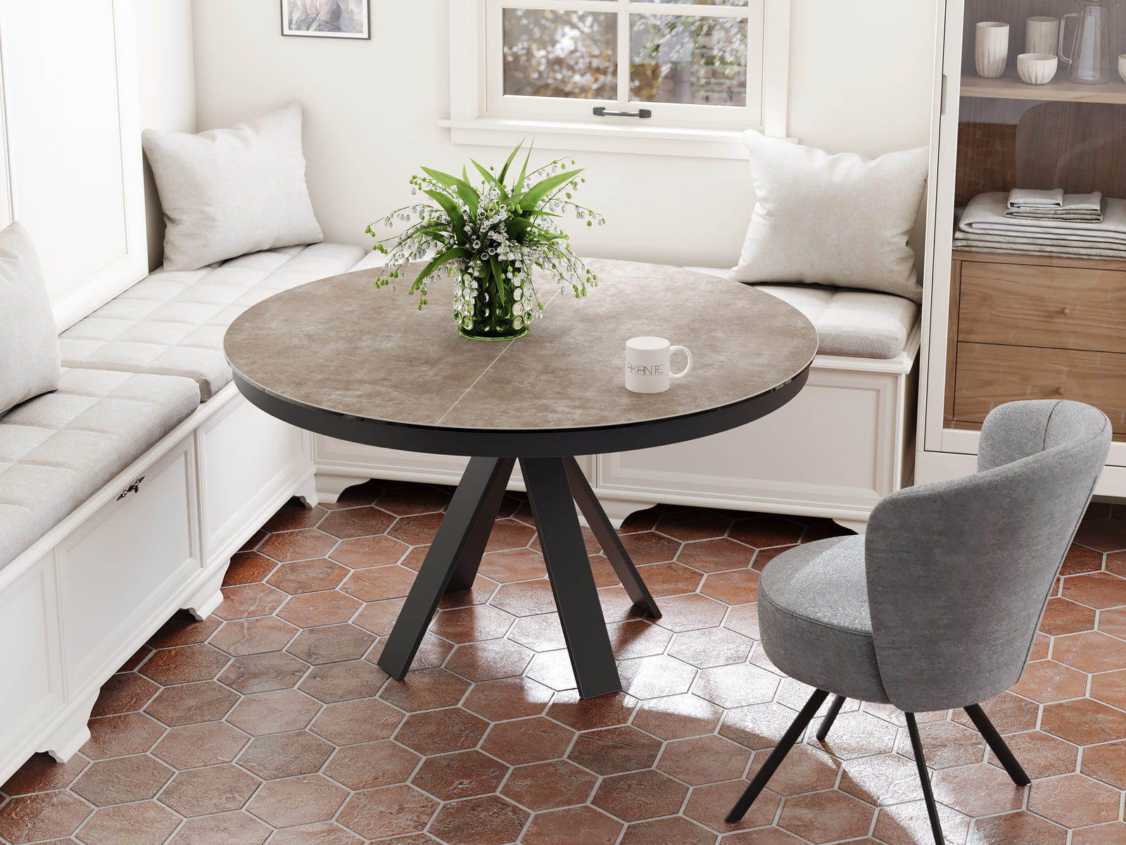 
Ausziehbarer Designer Esstisch „Chanterelle“ 130-180 x 130 cm - Zementgrau