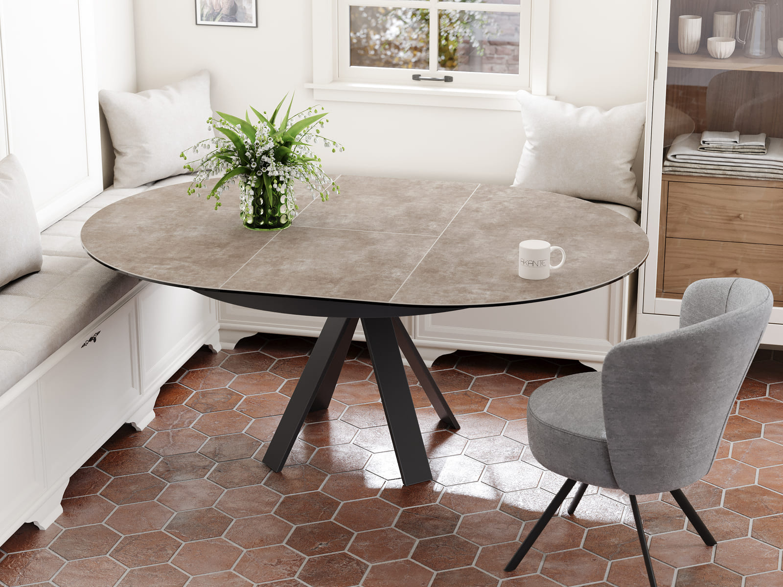 
Ausziehbarer Designer Esstisch „Chanterelle“ 130-180 x 130 cm - Zementgrau