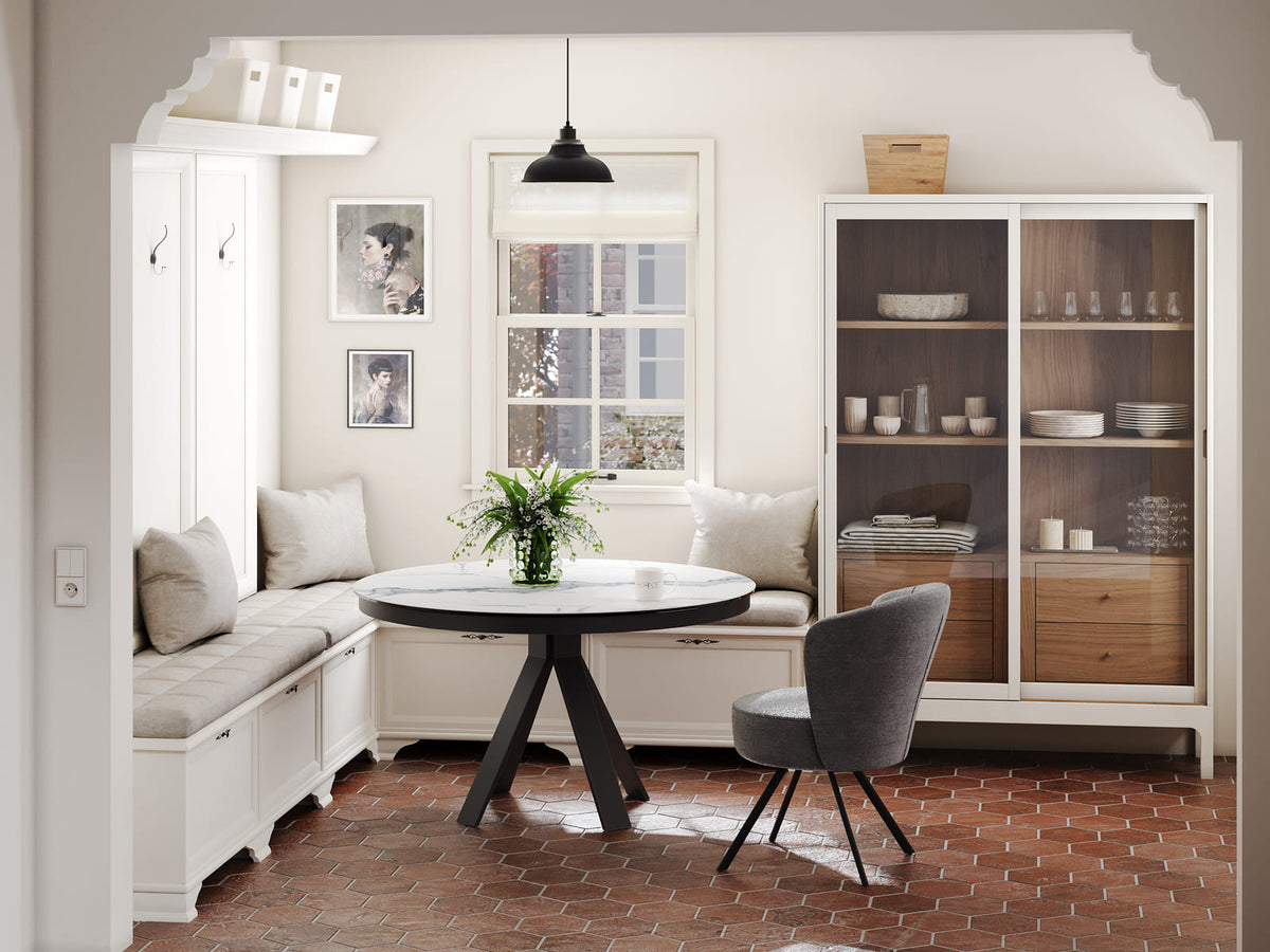 
Tavolo da pranzo allungabile di design «Chanterelle» 130-180 x 130 cm - Effetto marmo Bianco