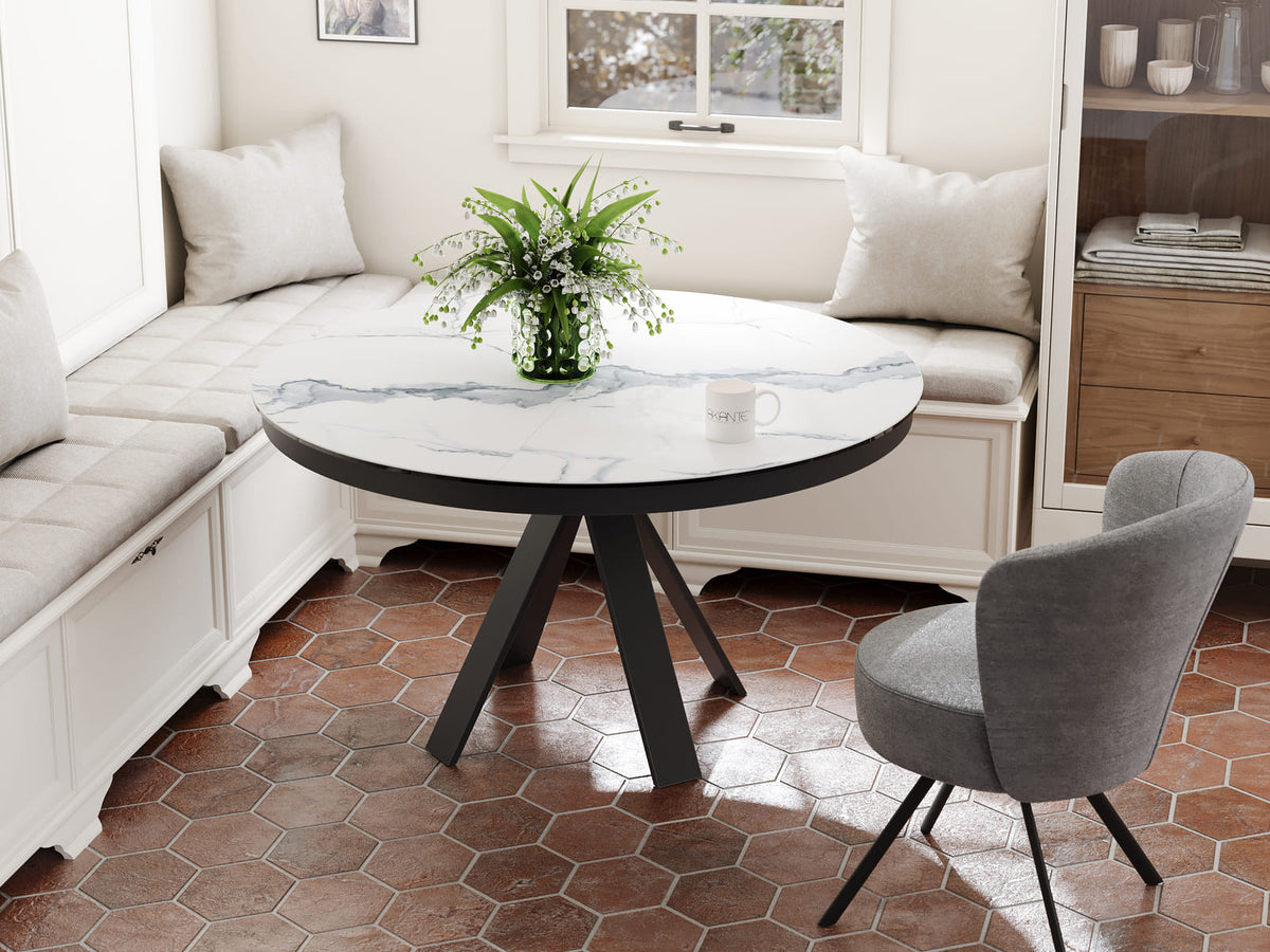 
Tavolo da pranzo allungabile di design «Chanterelle» 130-180 x 130 cm - Effetto marmo Bianco