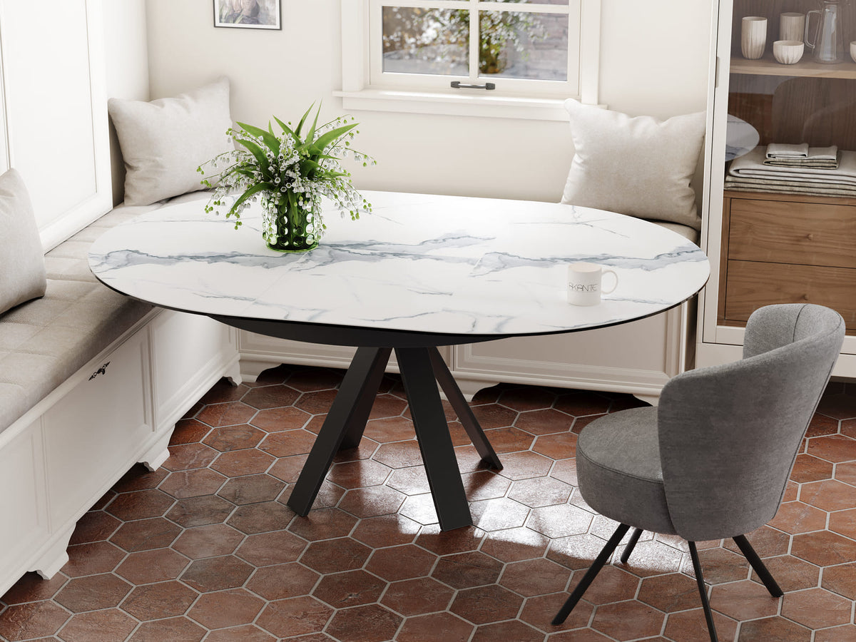 
Tavolo da pranzo allungabile di design «Chanterelle» 130-180 x 130 cm - Effetto marmo Bianco