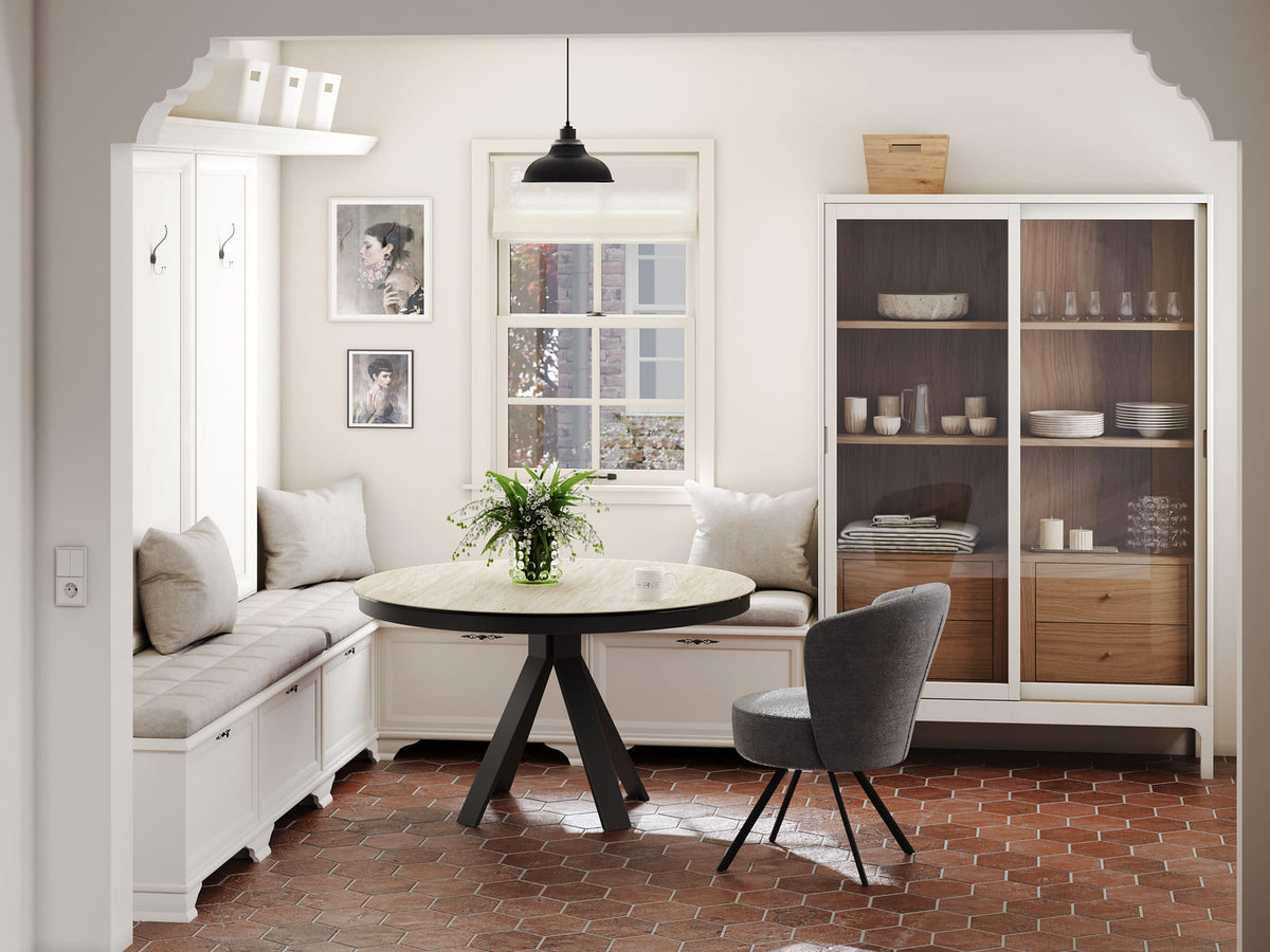 
Tavolo da pranzo allungabile di design «Chanterelle» 130-180 x 130 cm - Travertino
