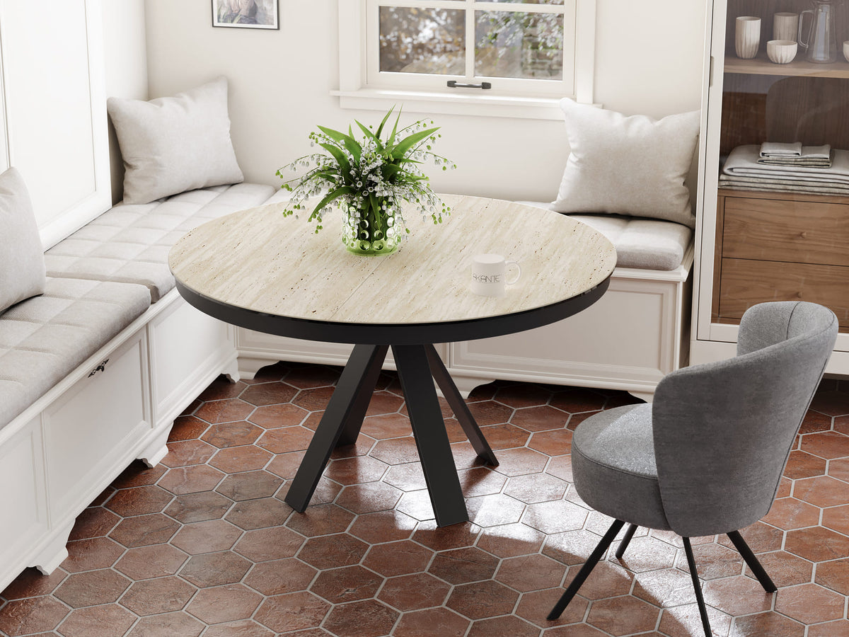 
Tavolo da pranzo allungabile di design «Chanterelle» 130-180 x 130 cm - Travertino