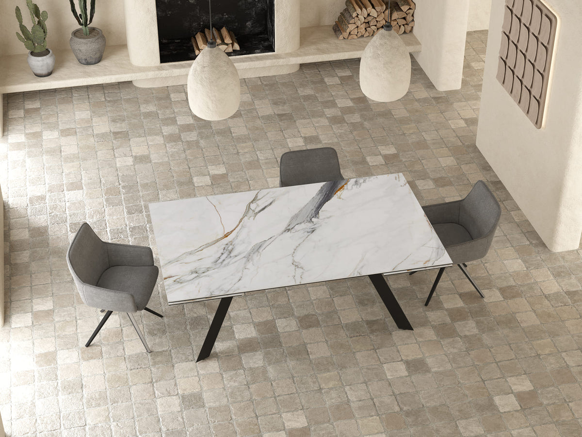 
Ausziehbarer Designer Esstisch „Grande Ontario“ 200-300 x 120 cm - Marmoroptik Fiorentino glänzend
