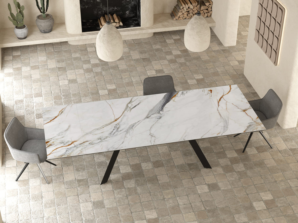 
Ausziehbarer Designer Esstisch „Grande Ontario“ 200-300 x 120 cm - Marmoroptik Fiorentino glänzend