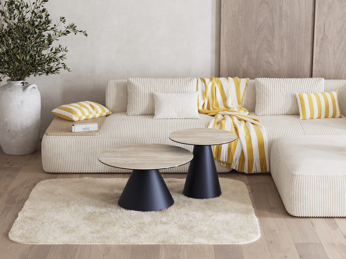 
Tavolino laterale di design «Faro» Ø 55 cm - Piano del tavolo: Travertino / Piedi: Nero