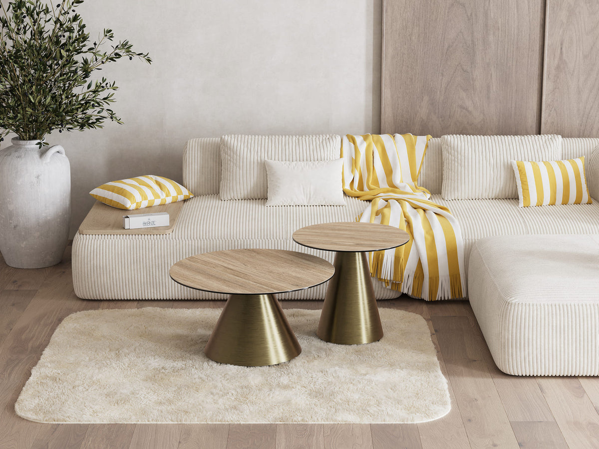 
Tavolino laterale di design «Faro» Ø 55 cm - Piano del tavolo: rovere chiaro / Piedi: Bronzo