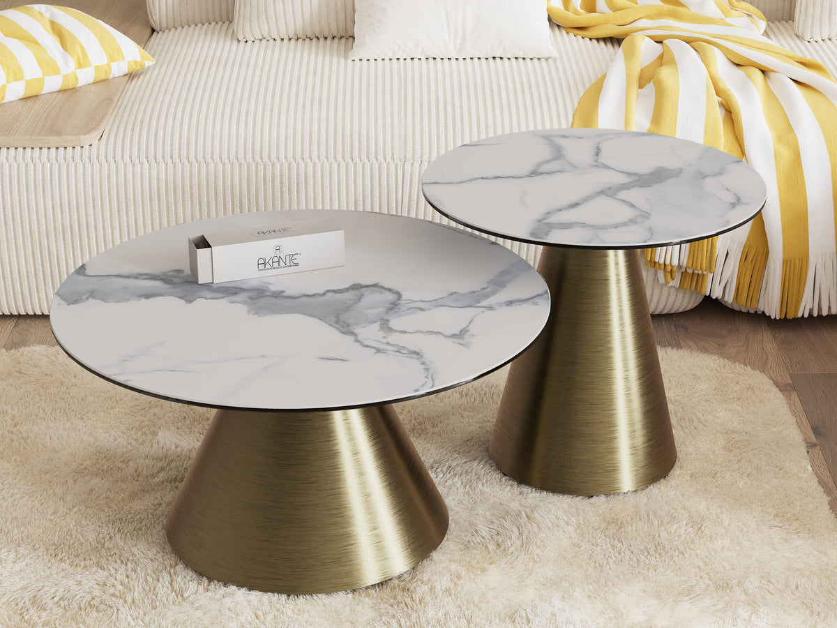 
Table d'appoint design « Faro » Ø 55 cm - Plateau : aspect marbre blanc / Piètement : bronze