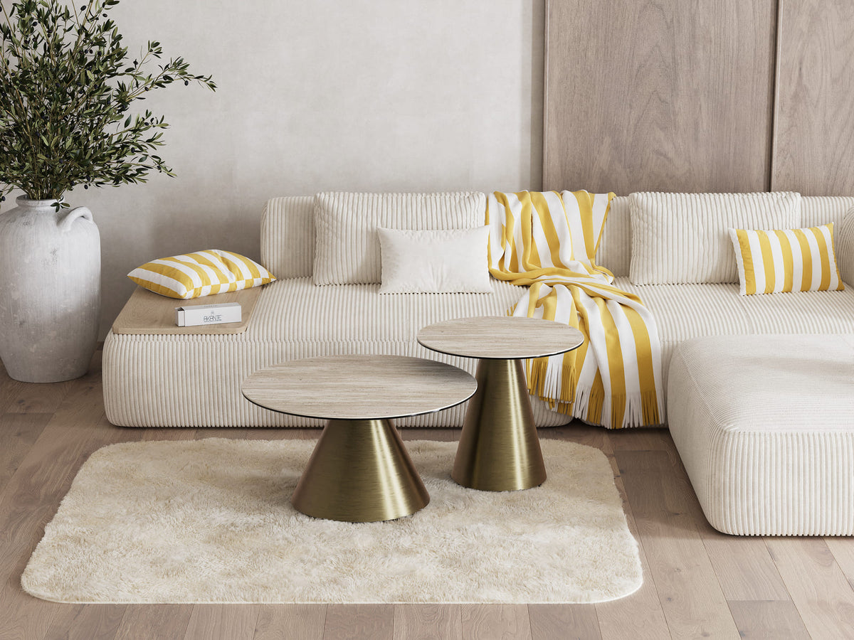 
Table d'appoint design « Faro » Ø 55 cm - Plateau : travertin / Piétement : bronze