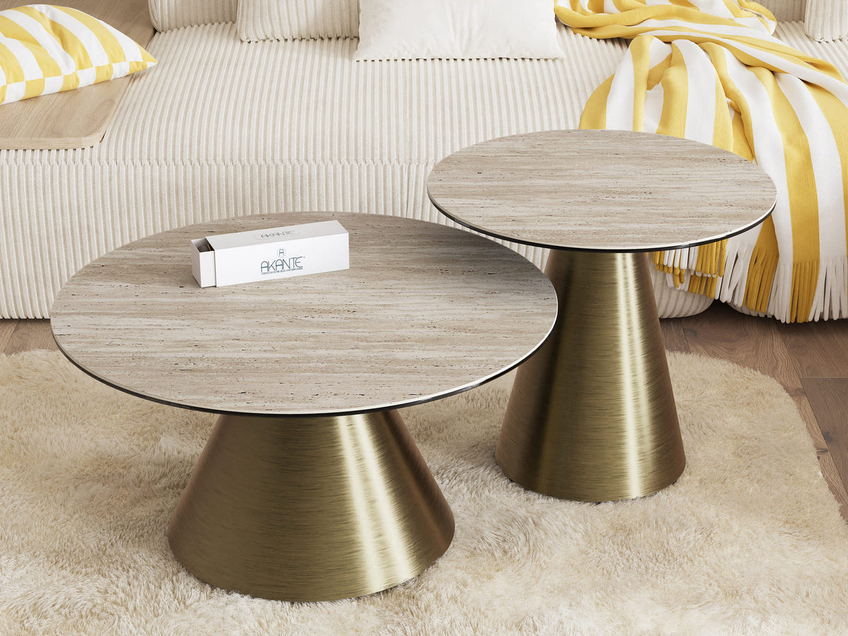 
Table d'appoint design « Faro » Ø 55 cm - Plateau : travertin / Piétement : bronze