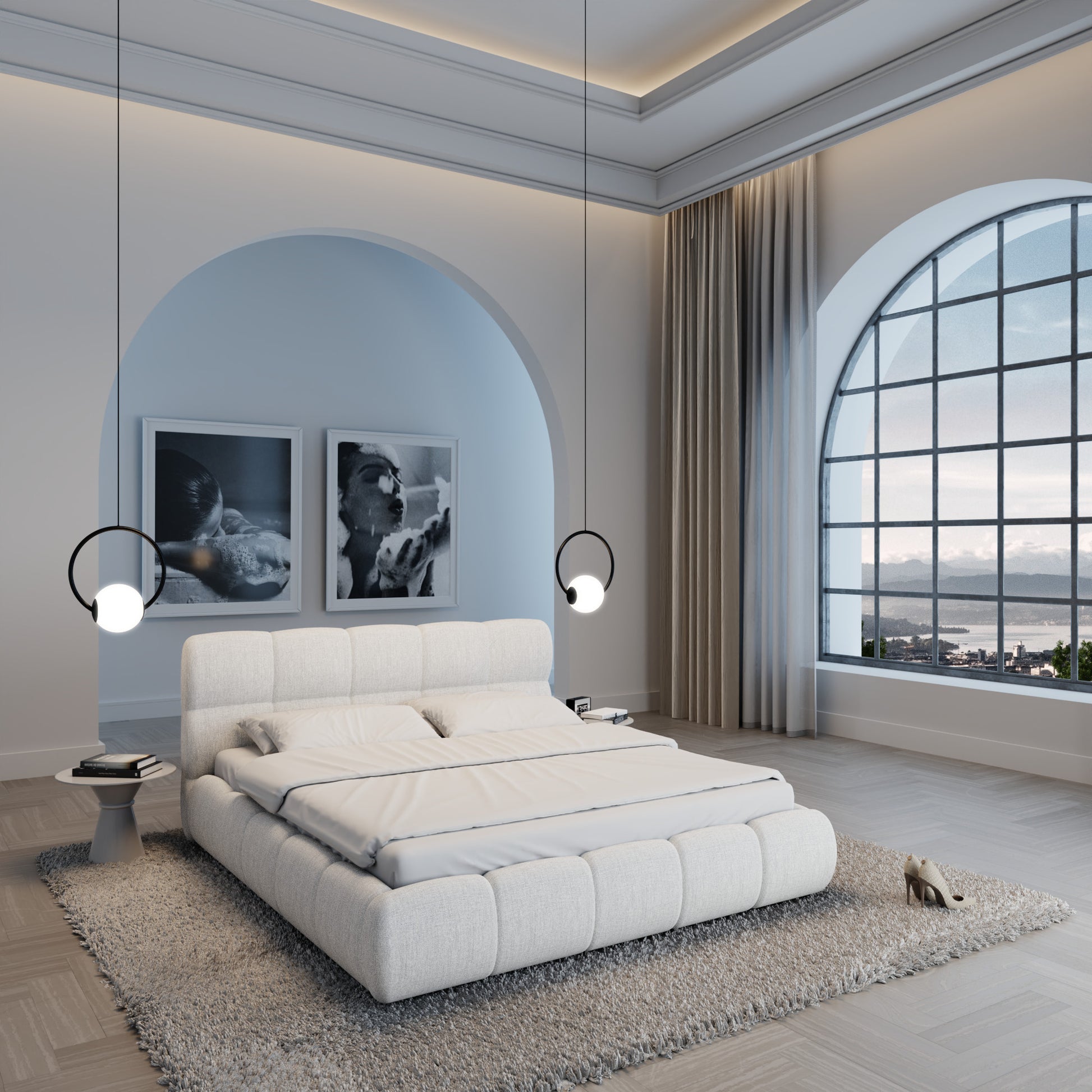 
Design Polsterbett „Isola“ mit Ablagefach, Bouclé Weiss - 140 x 200 cm