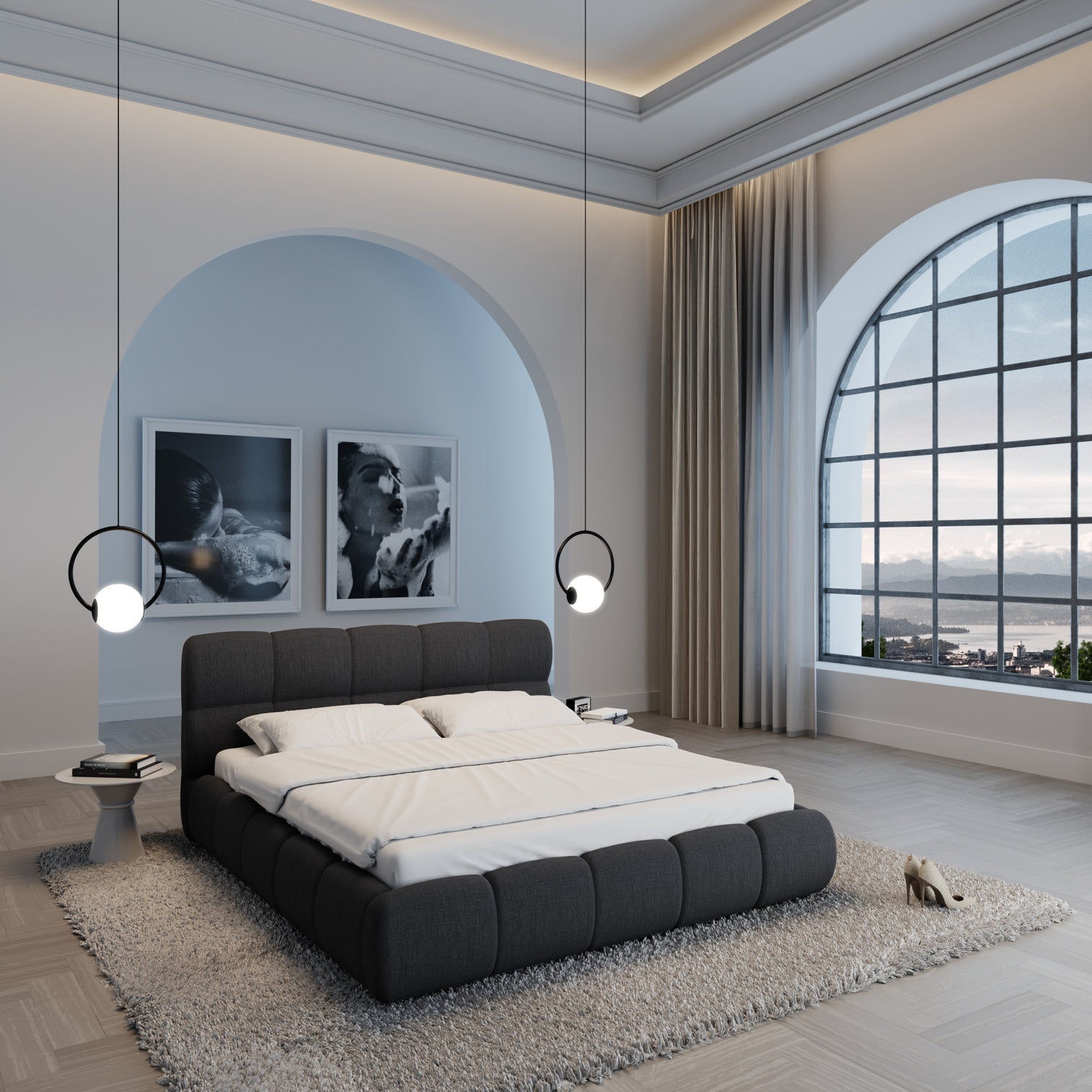 
Design Polsterbett „Isola“ mit Ablagefach, Webstoff Schwarz - 140 x 200 cm