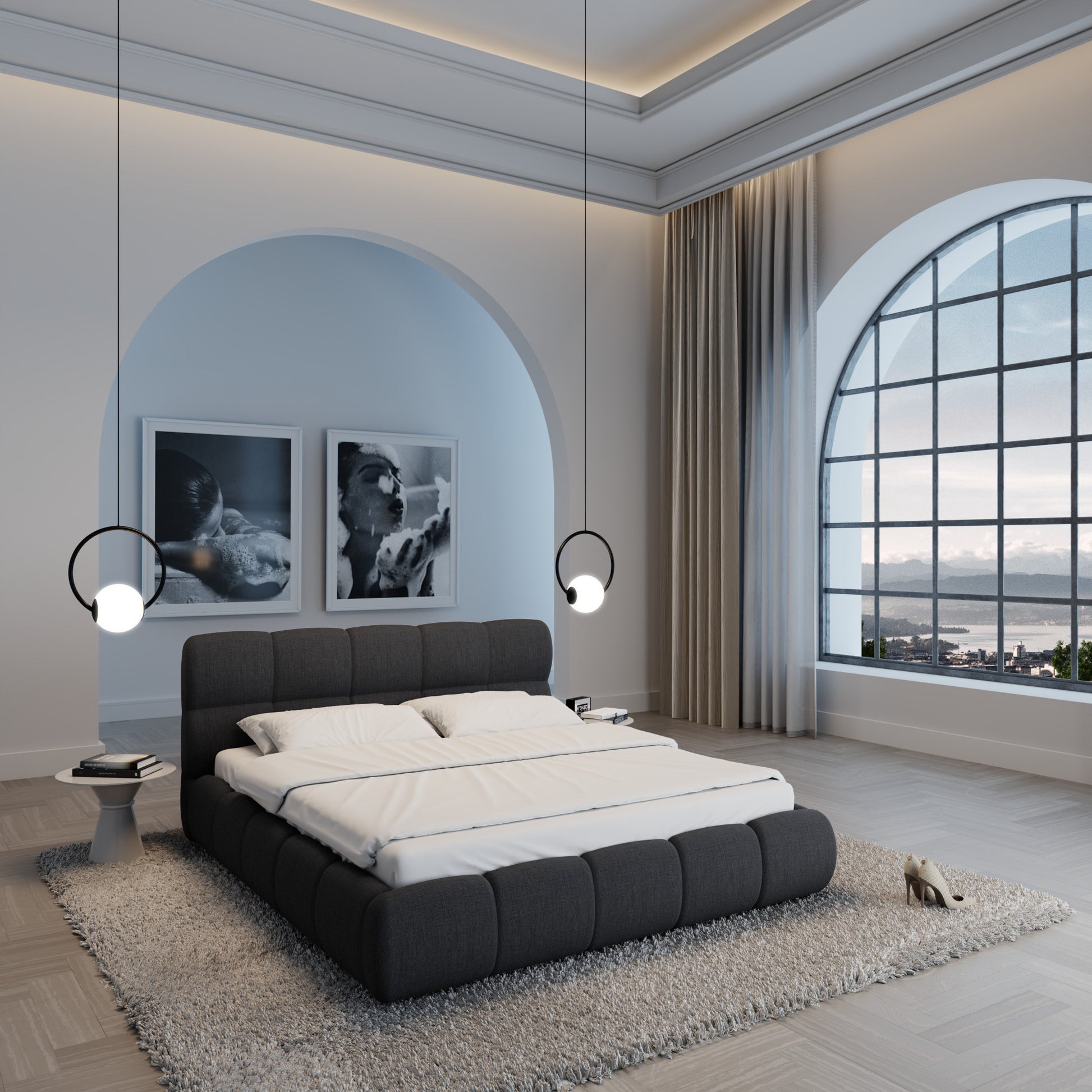 
Design Polsterbett „Isola“ mit Ablagefach, Webstoff Schwarz - 140 x 200 cm