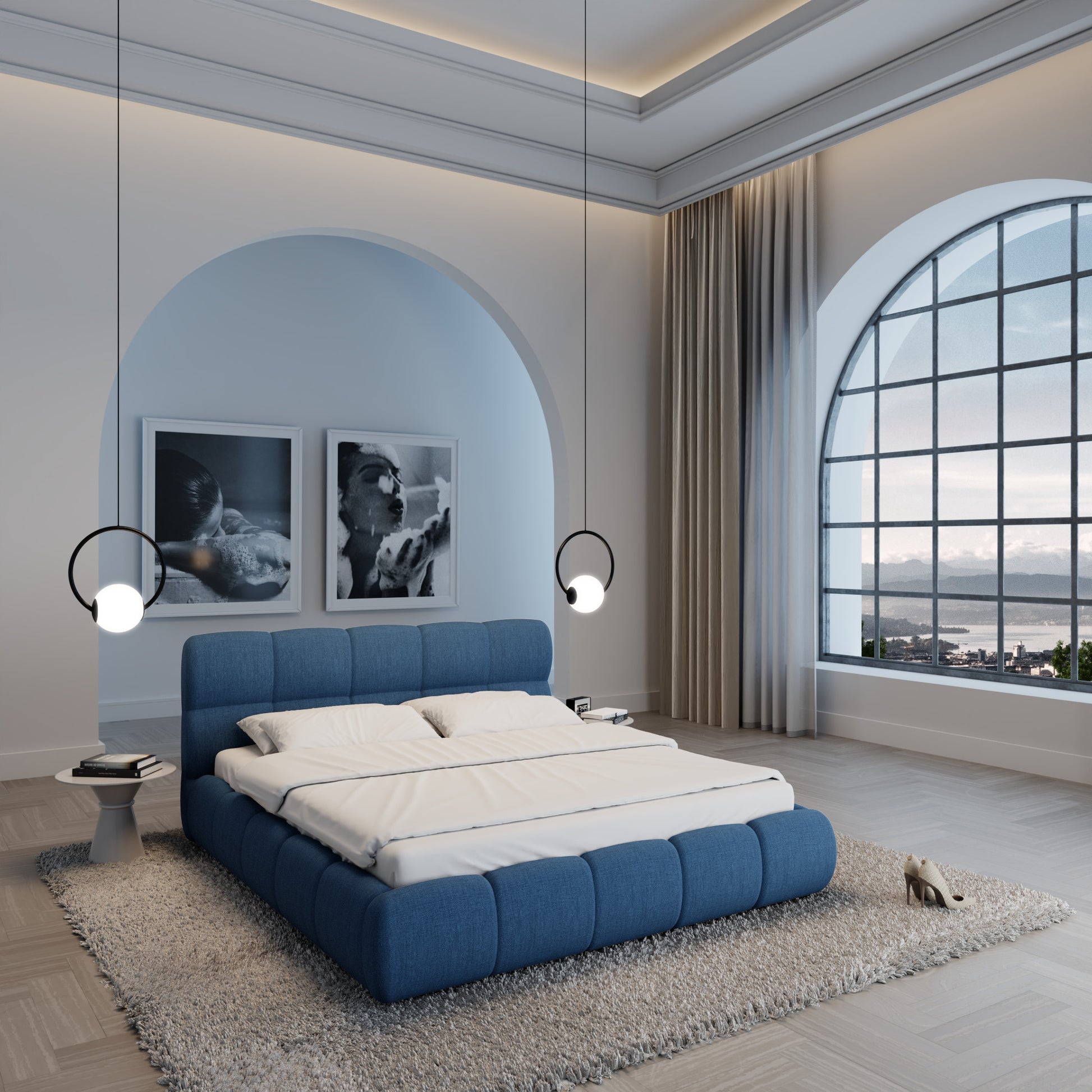 
Design Polsterbett „Isola“ mit Ablagefach, Webstoff Dunkelblau - 140 x 200 cm