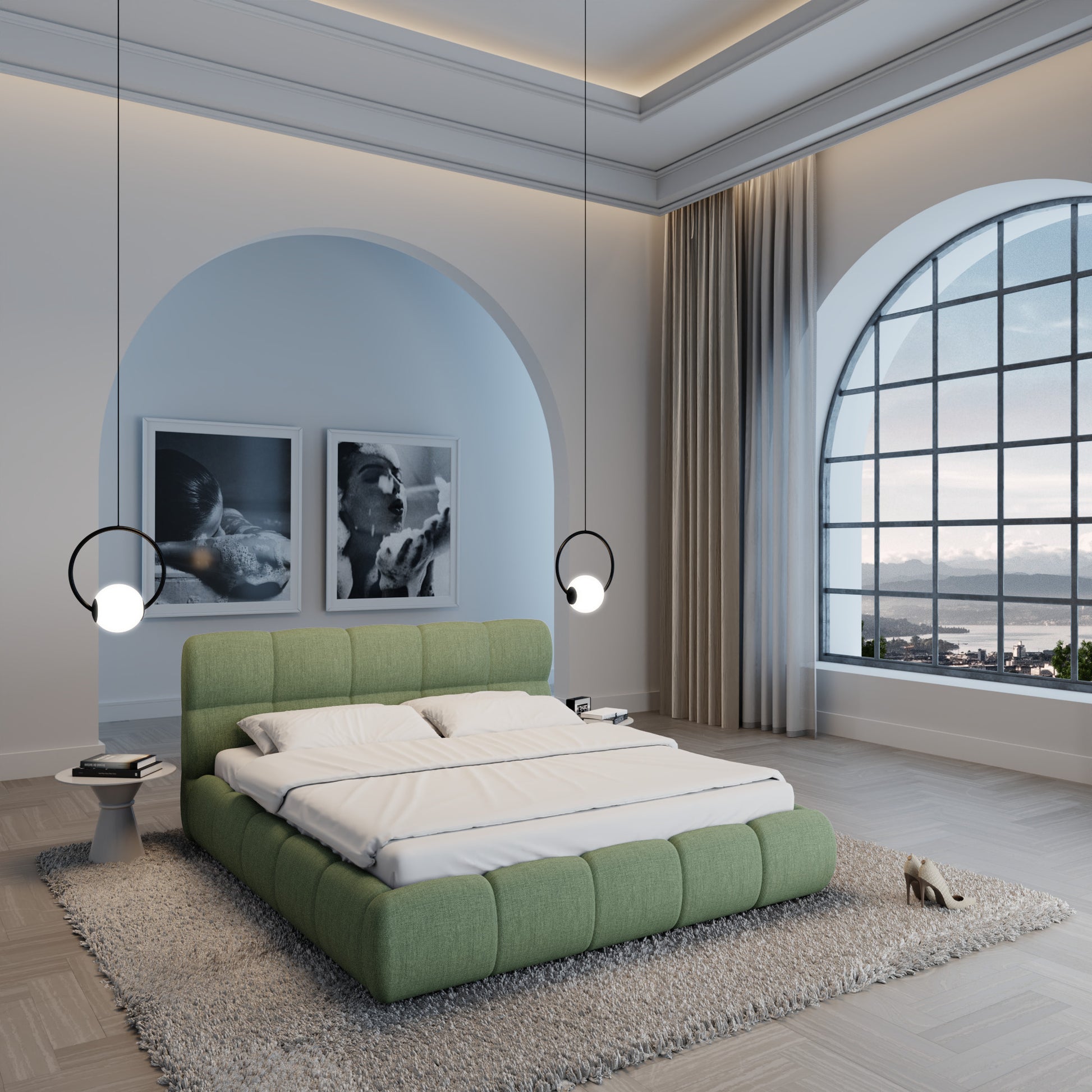 
Design Polsterbett „Isola“ mit Ablagefach, Webstoff Grün - 140 x 200 cm