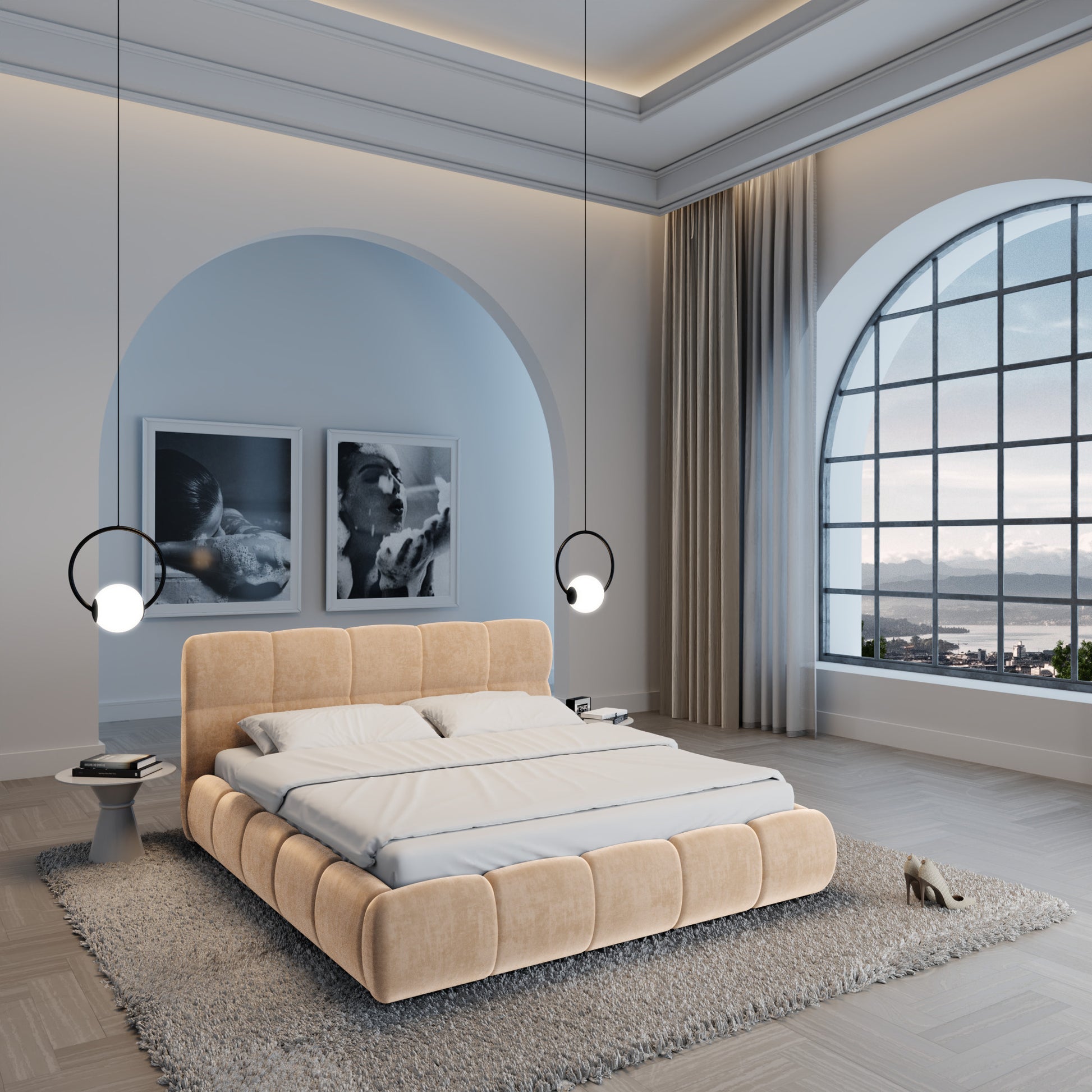 
Design Polsterbett „Isola“ mit Ablagefach, Samt Beige - 140 x 200 cm