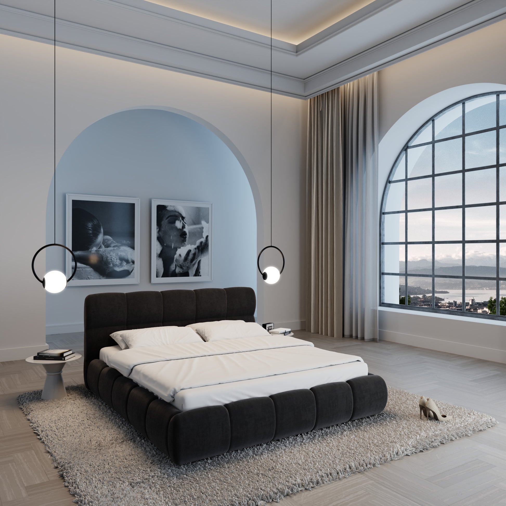 
Design Polsterbett „Isola“ mit Ablagefach, Samt Schwarz - 140 x 200 cm