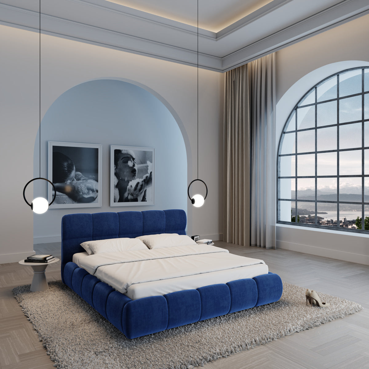 
Design Polsterbett „Isola“ mit Ablagefach, Samt Blau - 140 x 200 cm