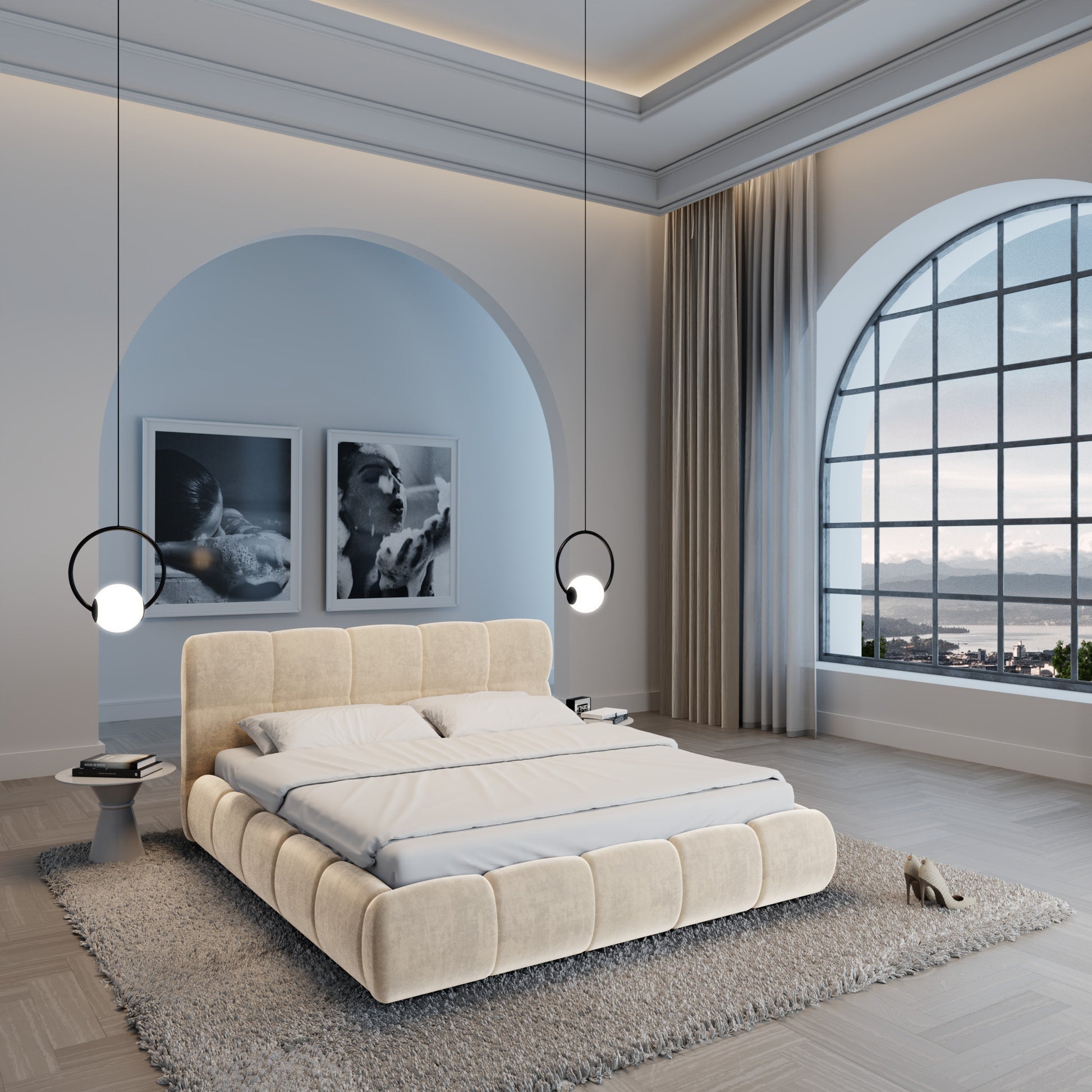 
Design Polsterbett „Isola“ mit Ablagefach, Samt Cream - 140 x 200 cm