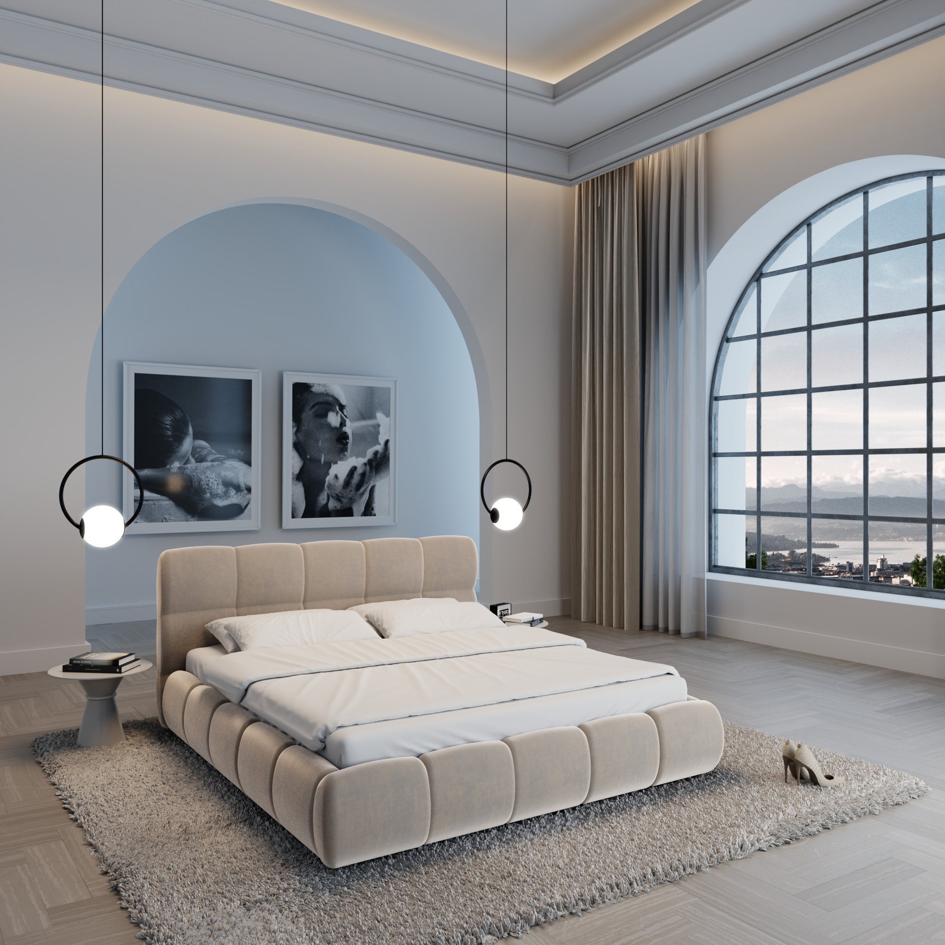 
Design Polsterbett „Isola“ mit Ablagefach, Samt Beige dunkel - 140 x 200 cm