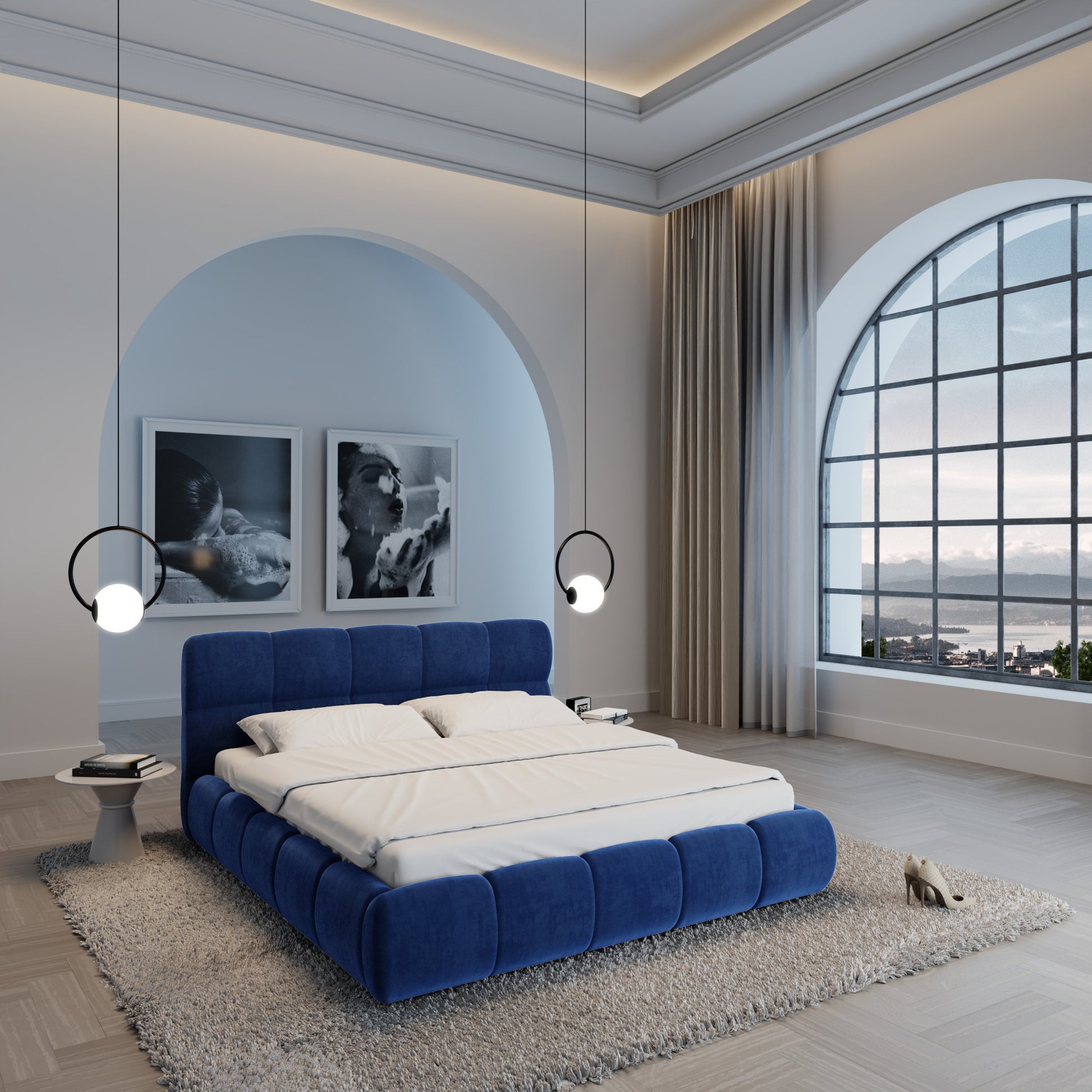 
Design Polsterbett „Isola“ mit Ablagefach, Samt Dunkelblau - 140 x 200 cm