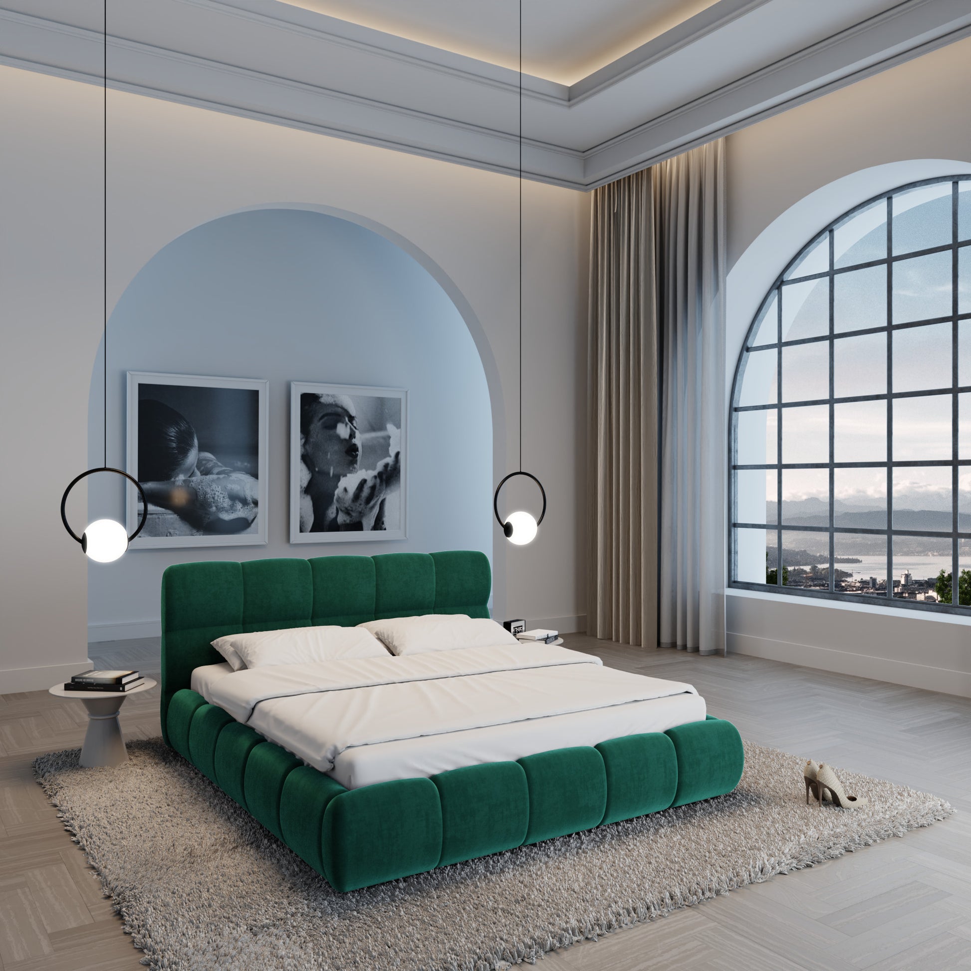 
Design Polsterbett „Isola“ mit Ablagefach, Samt Grün - 140 x 200 cm
