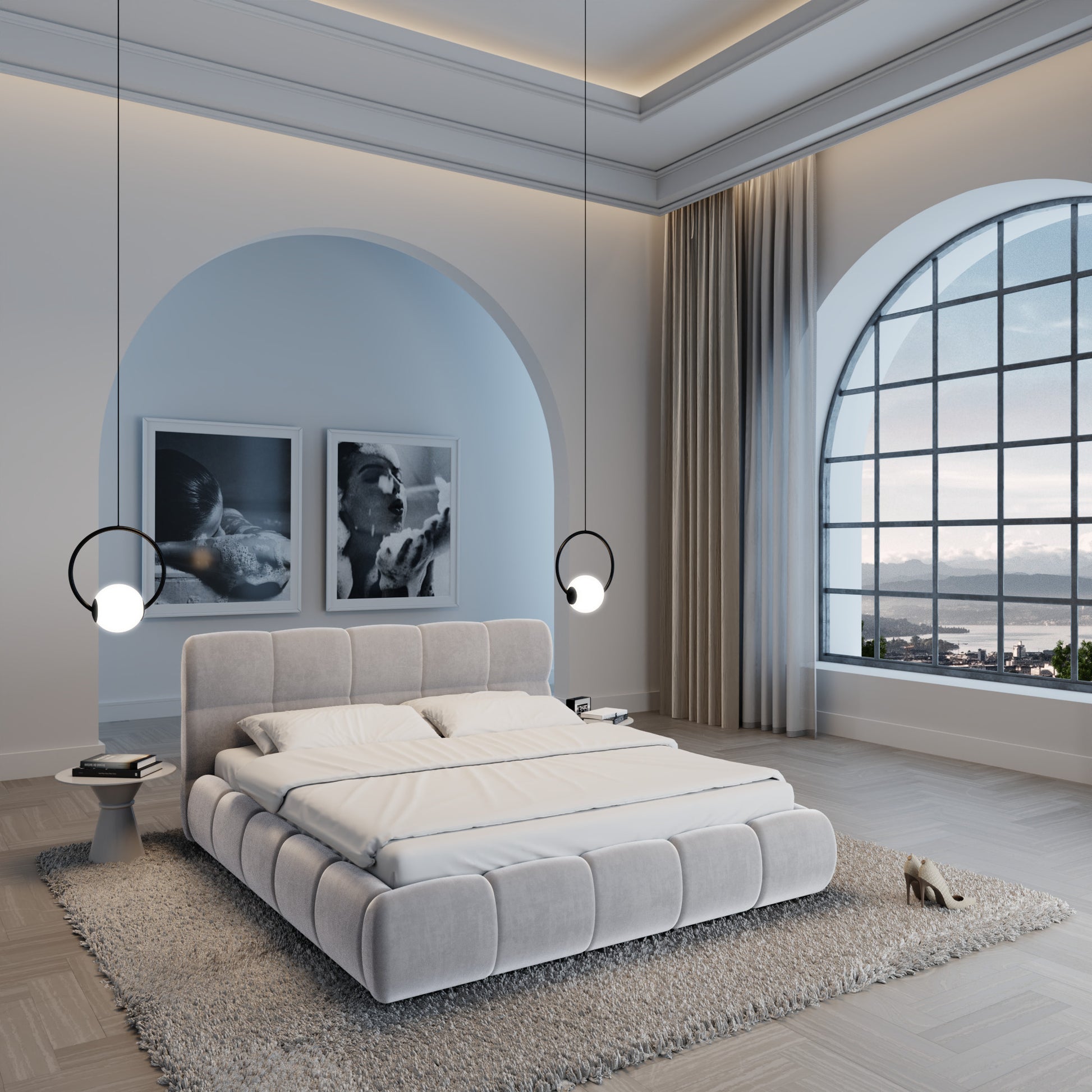 
Design Polsterbett „Isola“ mit Ablagefach, Samt Hellgrau - 140 x 200 cm