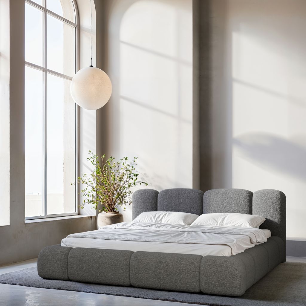 
Design Polsterbett „Elara“ mit Ablagefach, Bouclé Graphit - 140 x 200 cm