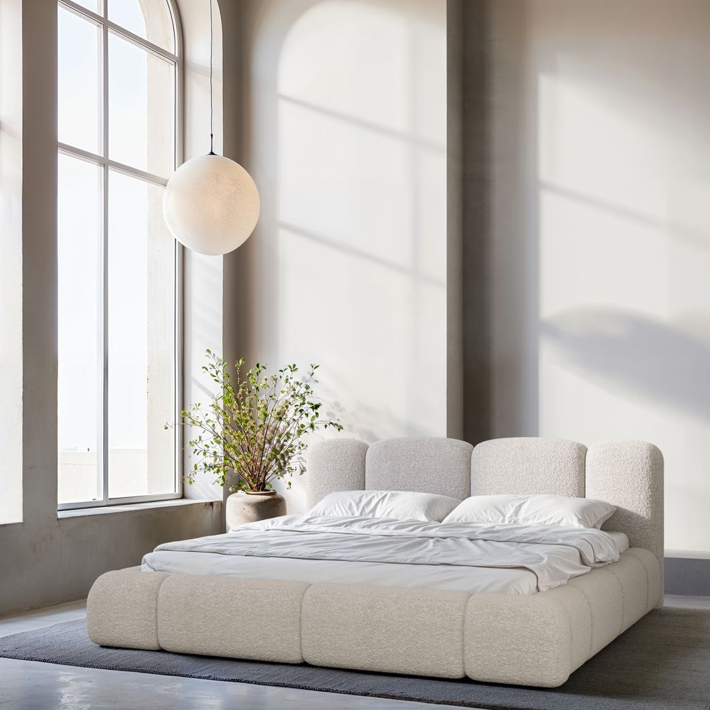 
Design Polsterbett „Elara“ mit Ablagefach, Bouclé Toffee - 140 x 200 cm