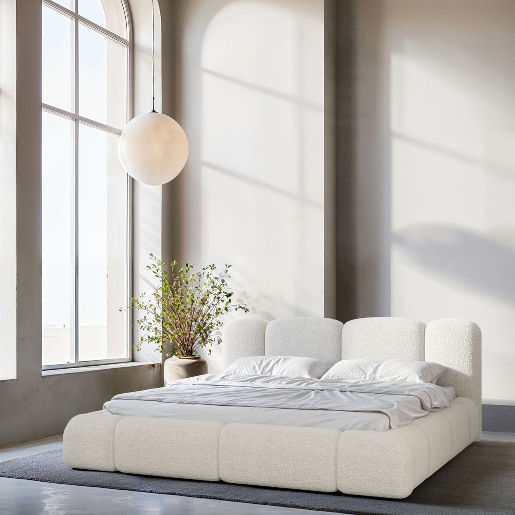 
Design Polsterbett „Elara“ mit Ablagefach, Bouclé Weiss - 140 x 200 cm